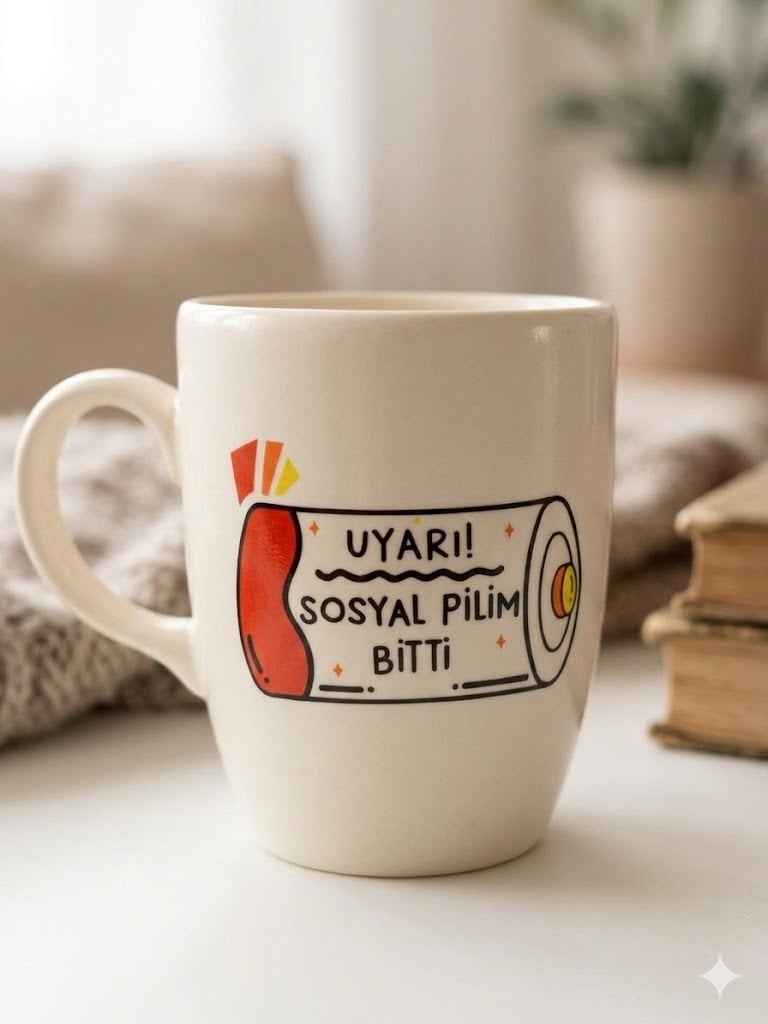 Uyarı! Sosyal Pilim Bitti  Krem Oval Kupa - Hediyelik Kupa Fincan Mug