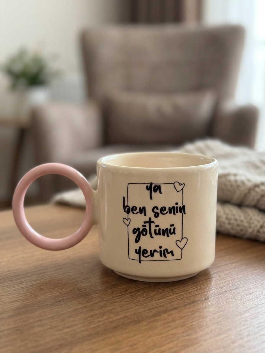 Ya Ben Senin Götünü Yerim! El Yapımı Krem Parlak O Kupa (Pembe Kulp) - Hediye Seramik Kupa