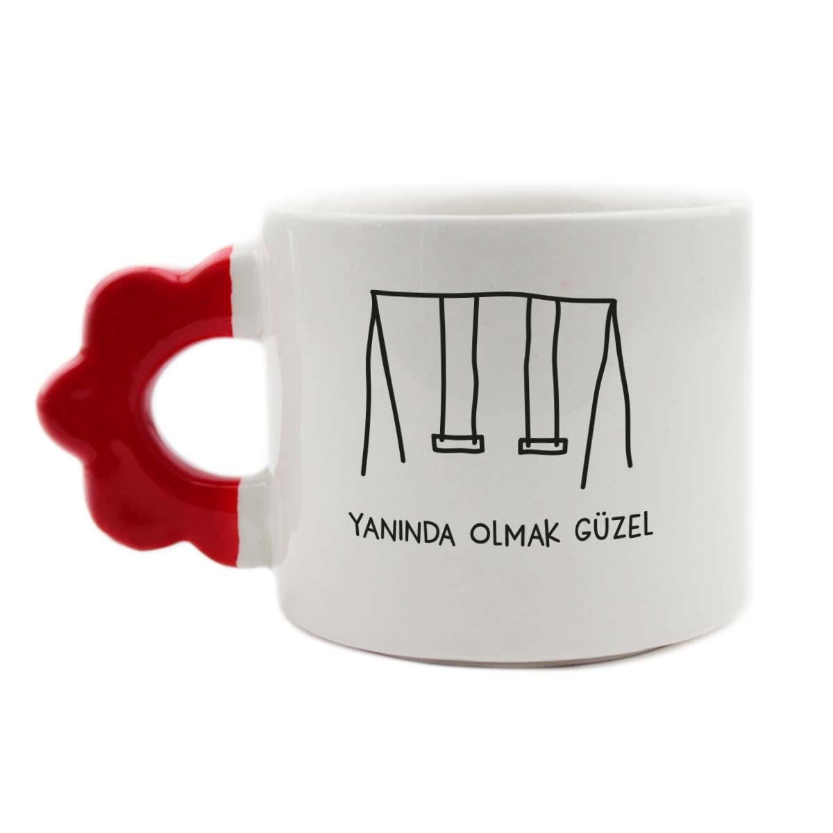 Yanında Olmak Güzel El Yapımı Krem Parlak Çiçek Kulp Kupa - El İşçiliği Hediyelik Kupa Bardak Mug