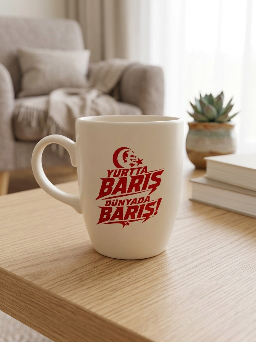 Yurtta Barış Dünyada Barış! Krem Oval Kupa - Hediyelik Kupa Fincan Mug
