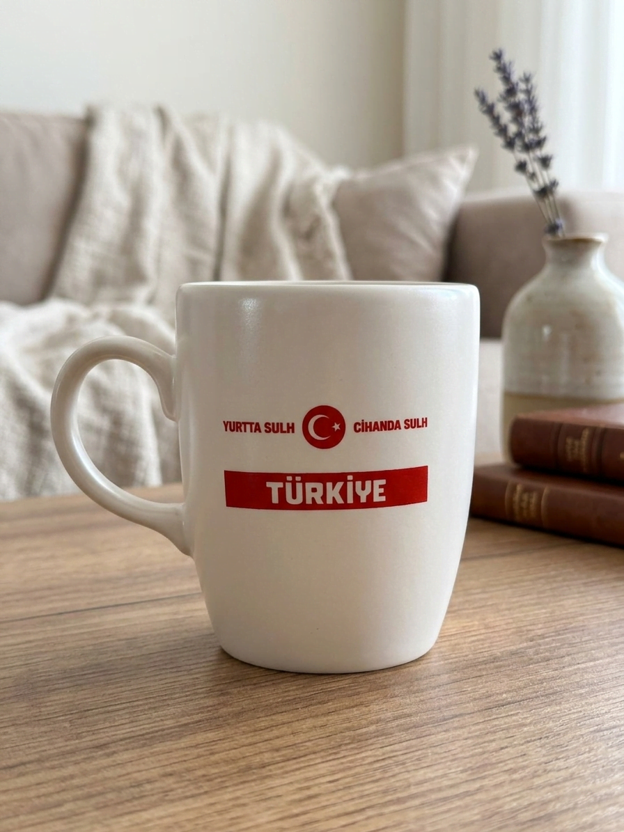 Yurtta Sulh Cihanda Sulh Krem Oval Kupa - Hediyelik Kupa Fincan Mug