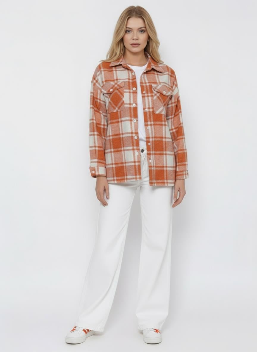 Turuncu-Ekru Ekose Oduncu Gömlek