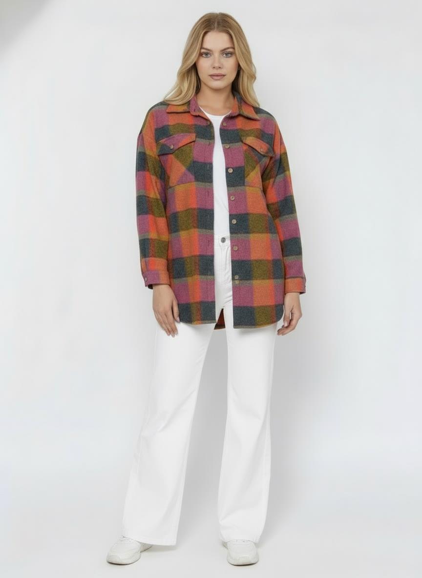 Turuncu-Mor Ekose Oversize Oduncu Gömlek