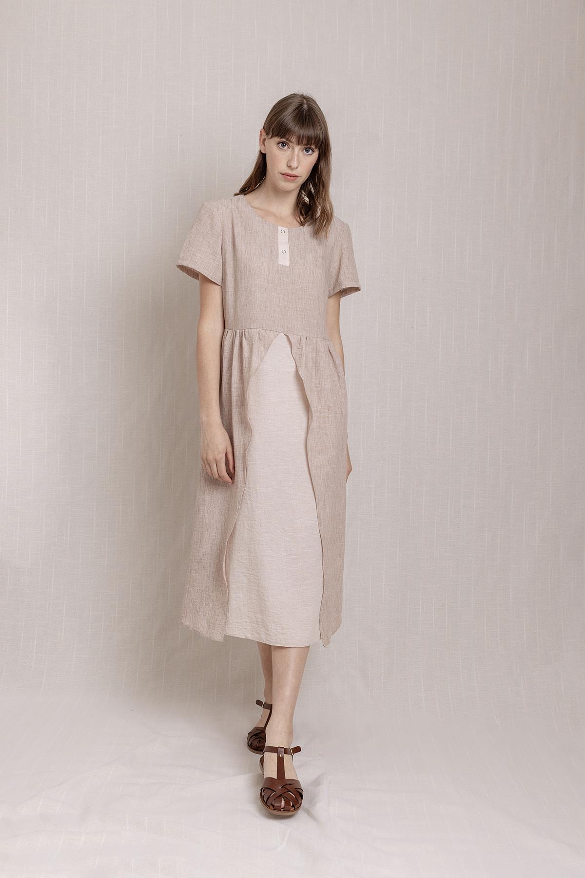 Kısa Kollu Bol Keten Elbise