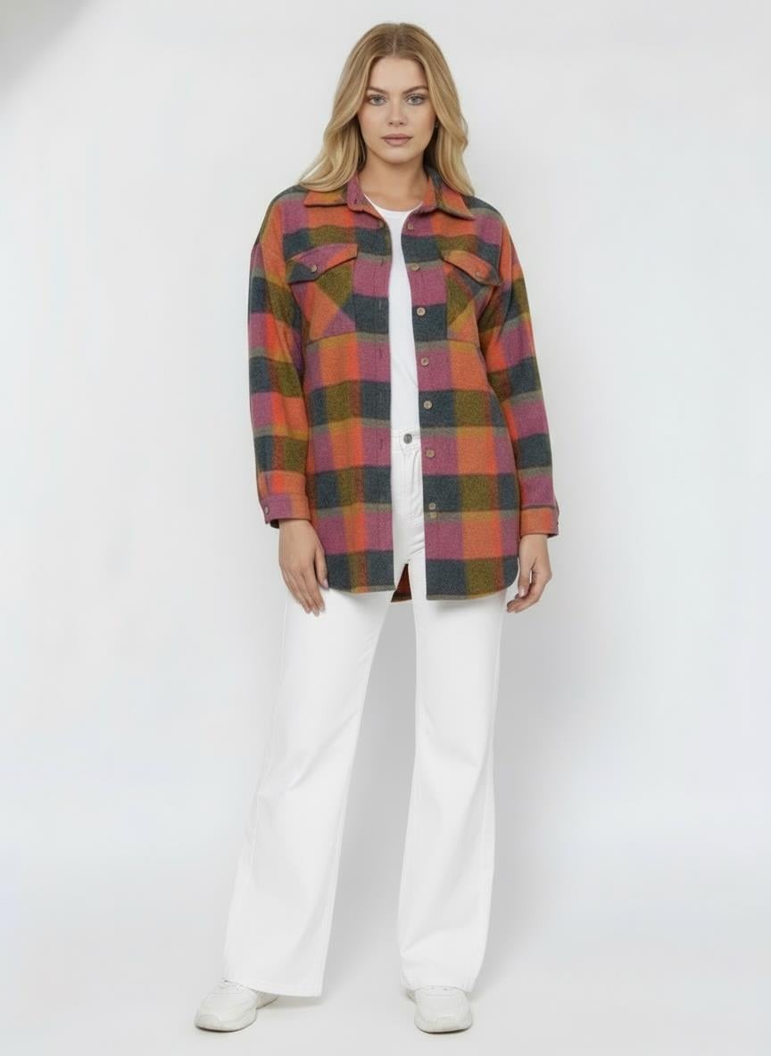 Turuncu-Mor Ekose Oversize Oduncu Gömlek