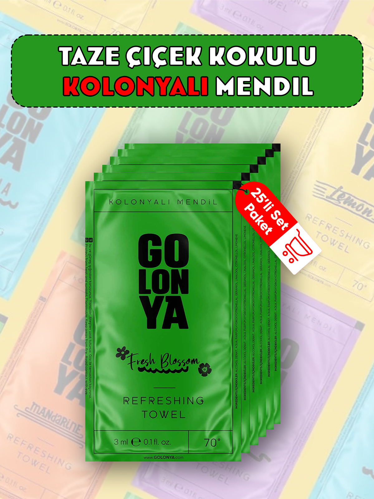 Fresh, Taze Çiçek Kokulu Kolonyalı Islak Mendil 25'li Set, Zarif ve Ferahlatıcı Çiçek Kokusu