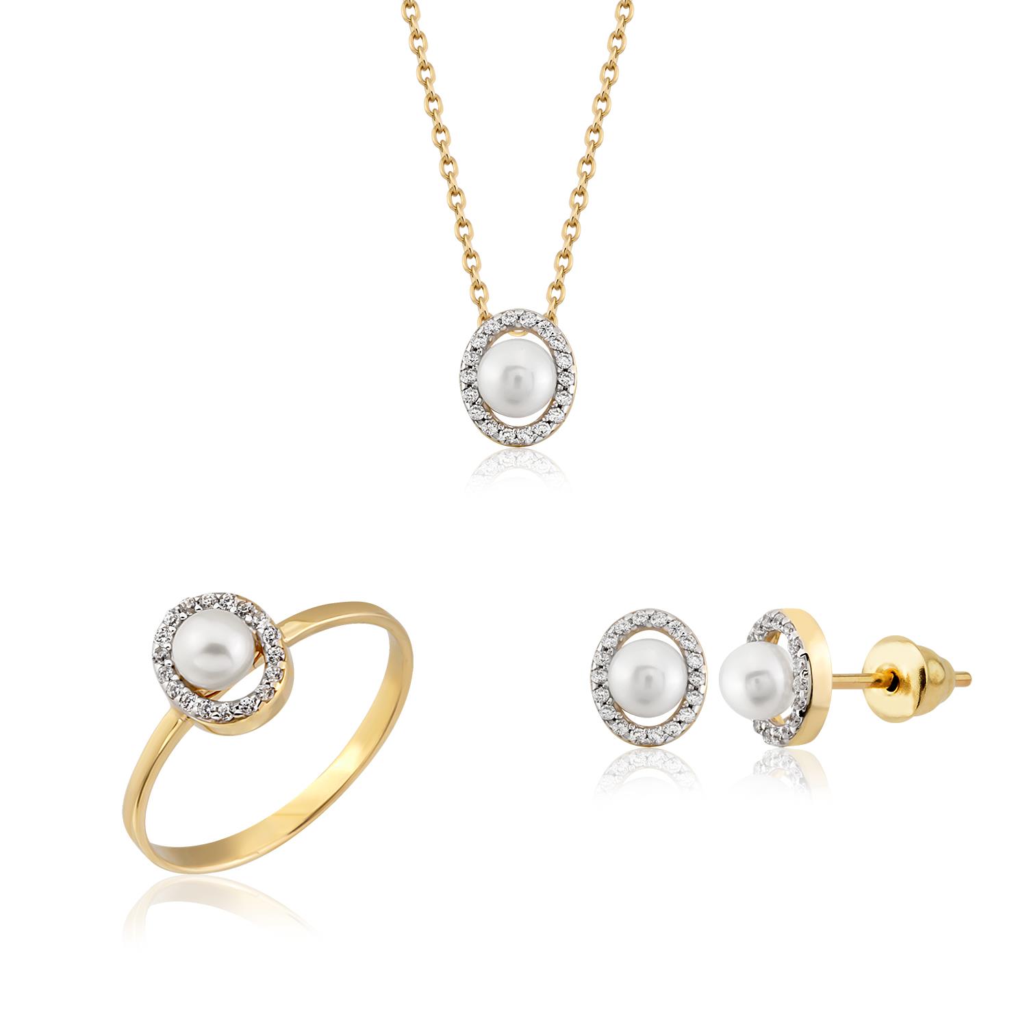 Altın ve İncili Oval Taşlı Mini Set