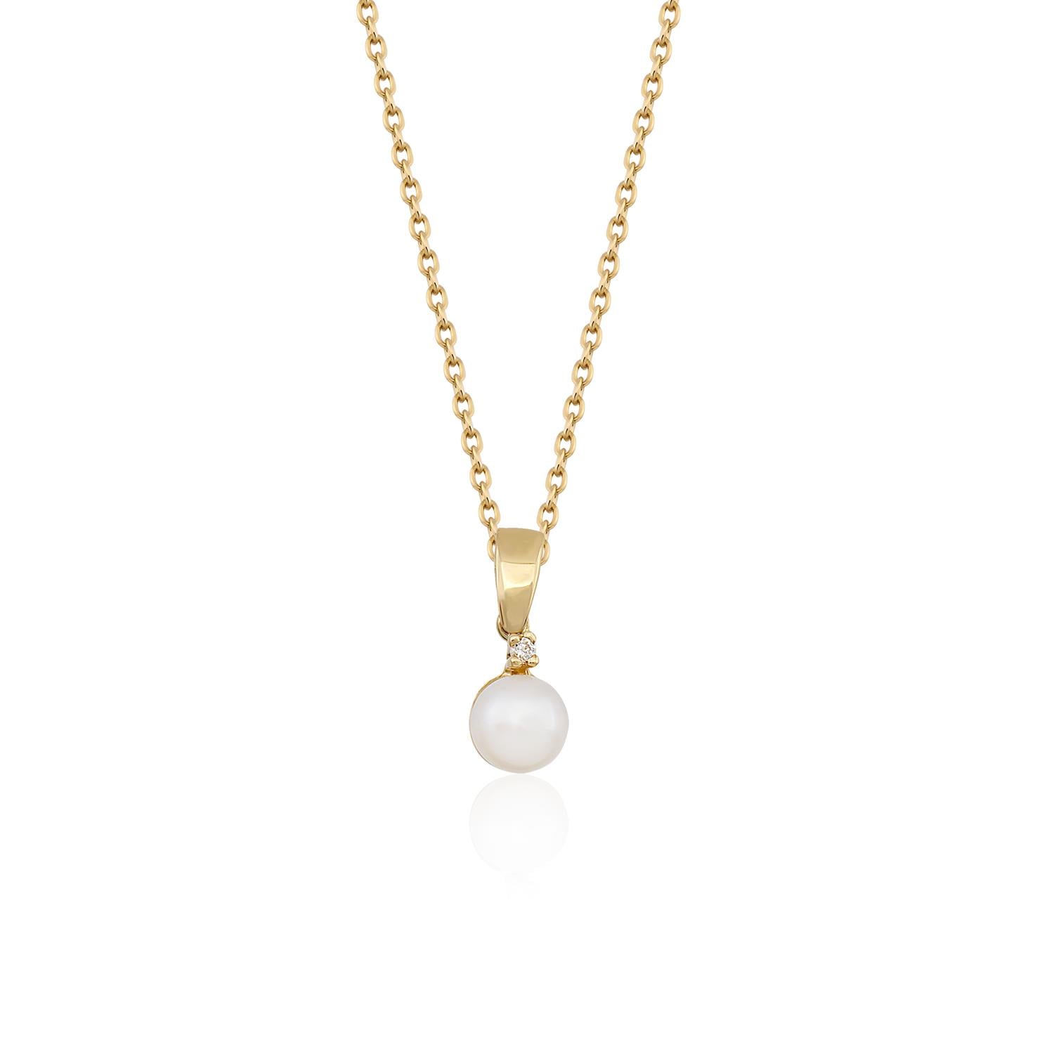 Tek Taşlı Altın İnci Kolye