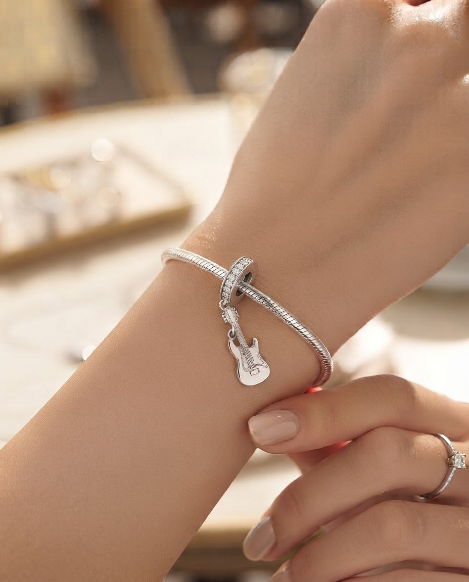 Bayan Gümüş Pandora Bileklik Uyumlu Gitar Model Charm