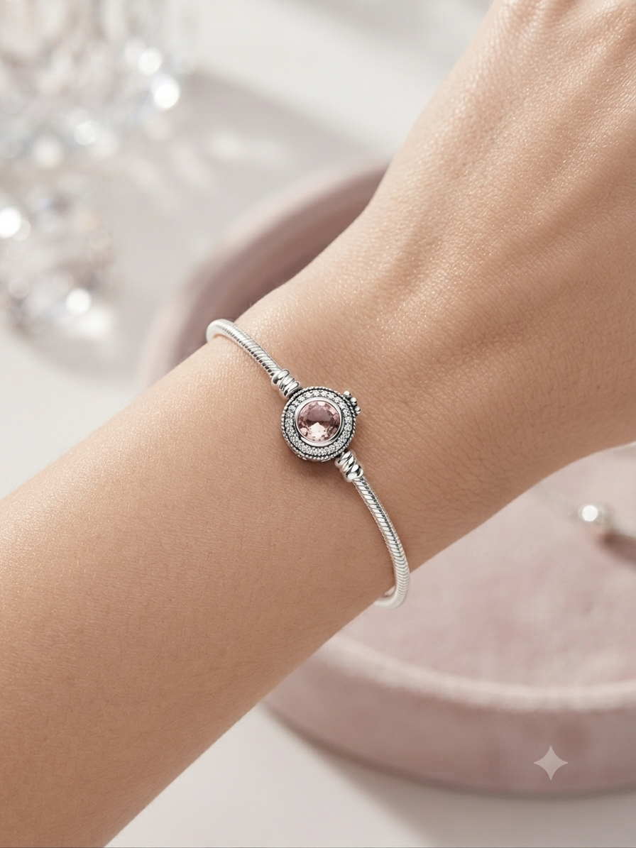 Bayan Gümüş Pandora Bileklik Uyumlu Taşlı Pembe Renk Detay Charm