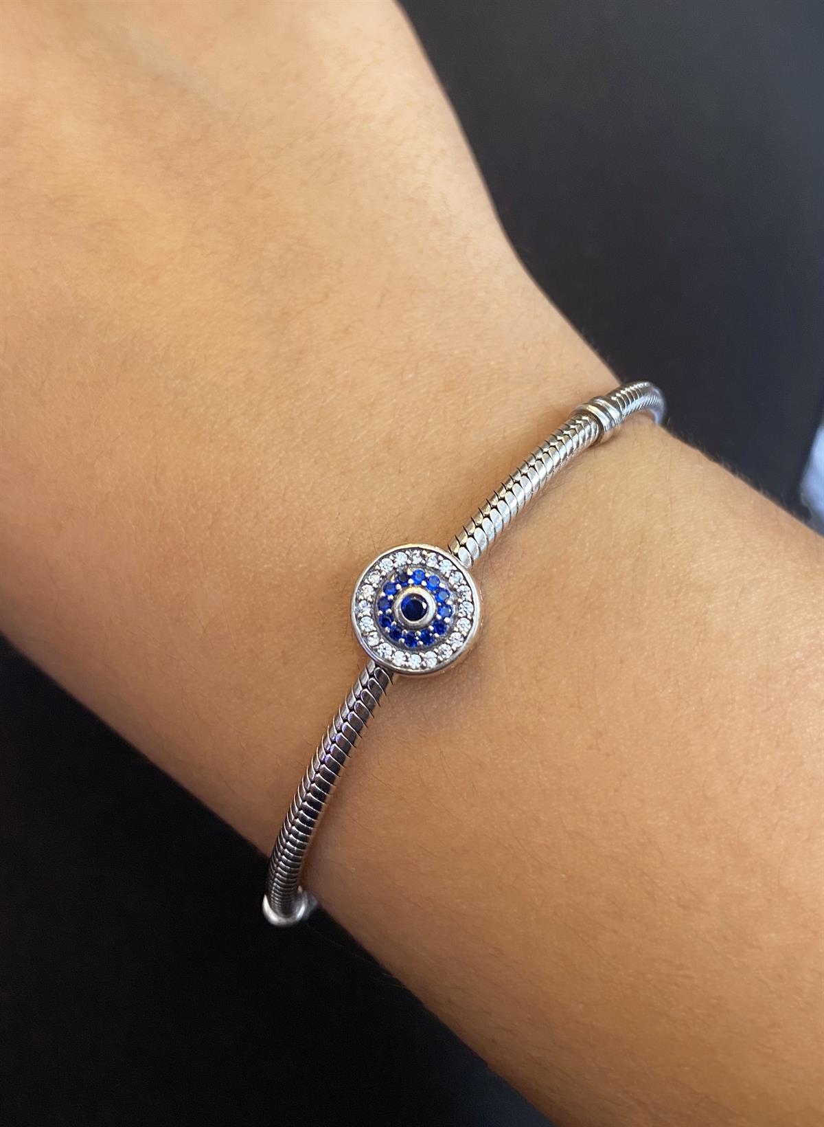 Bayan Gümüş Pandora Bileklik Uyumlu Taşlı Nazar Boncuk Detay Charm