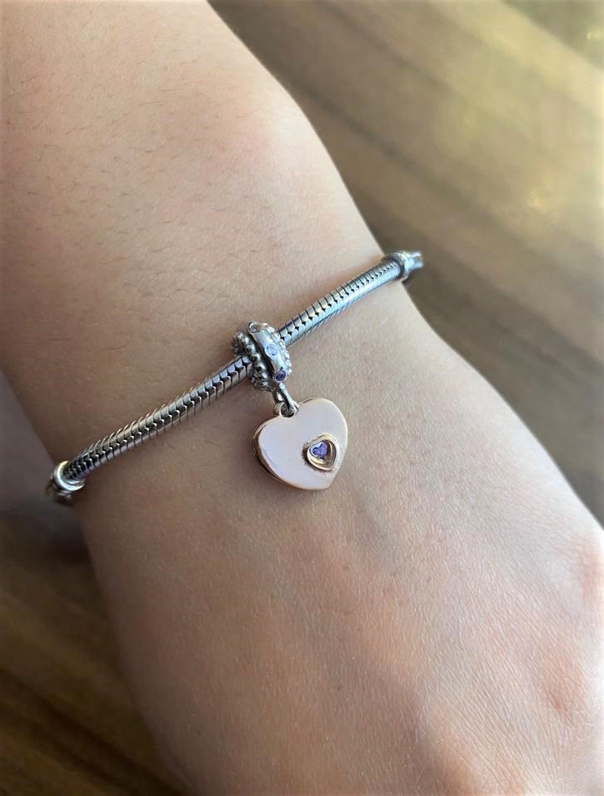 Bayan İki Kalp Model Bakır Renk Detay Gümüş Charm 