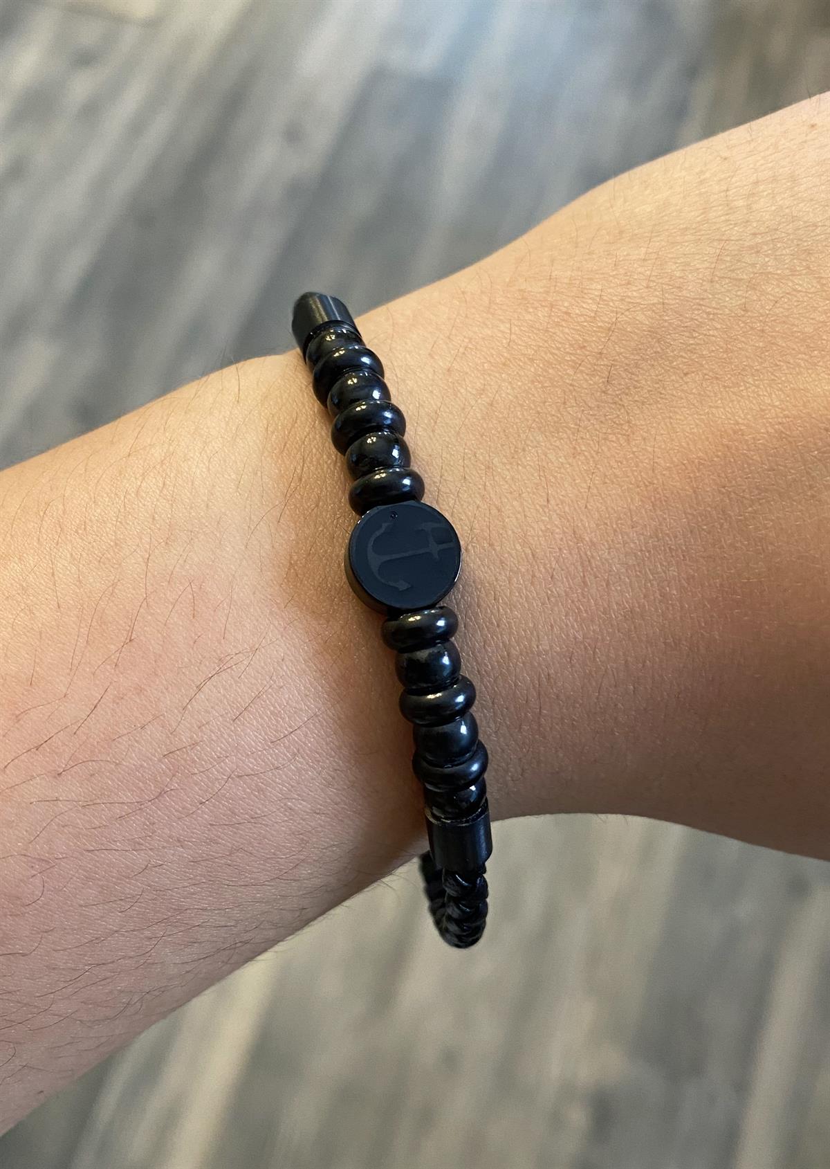 Erkek Çapa Detay Siyah Deri Bileklik