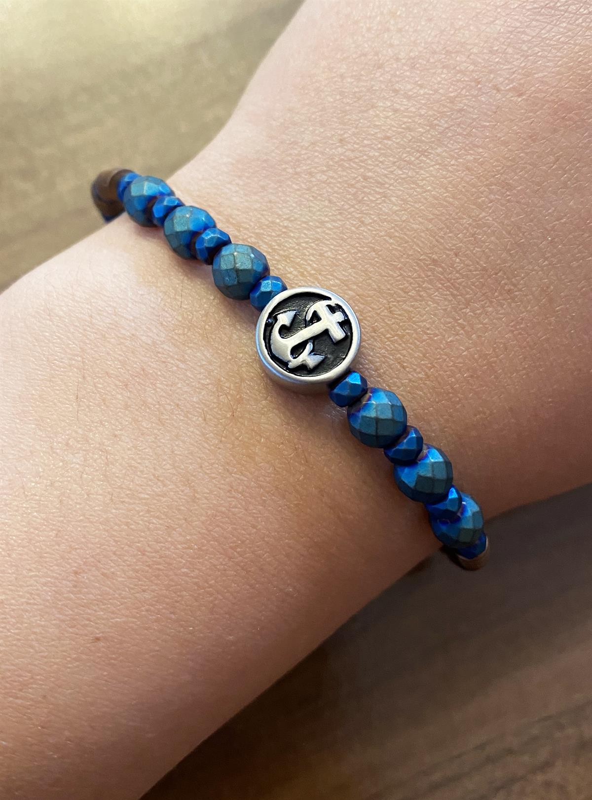 Erkek Çapa ve Pusula Model Çift Taraflı İki Renkli  Doğaltaş Boncuk Bileklik 