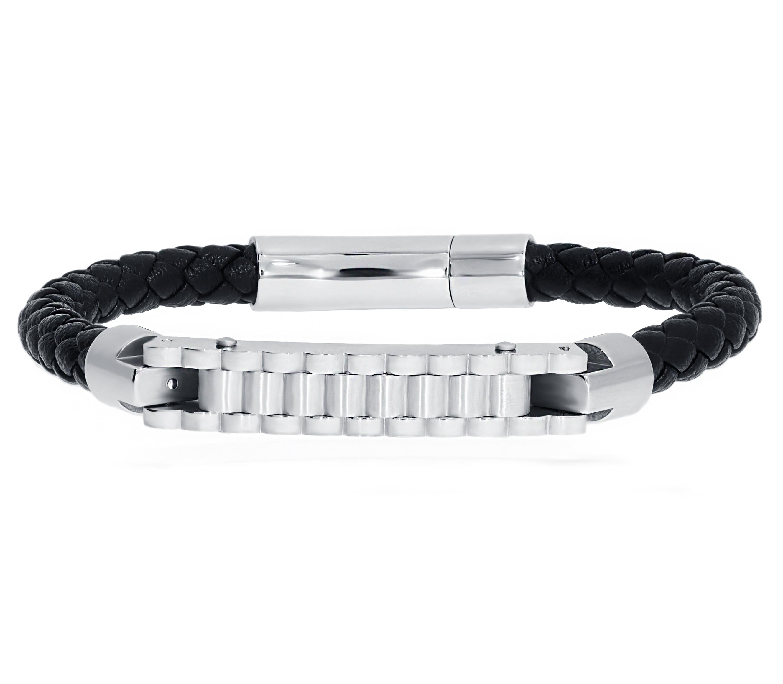 Erkek Dalgalı Silver Renk Çelik Plaka Detay Deri Bileklik