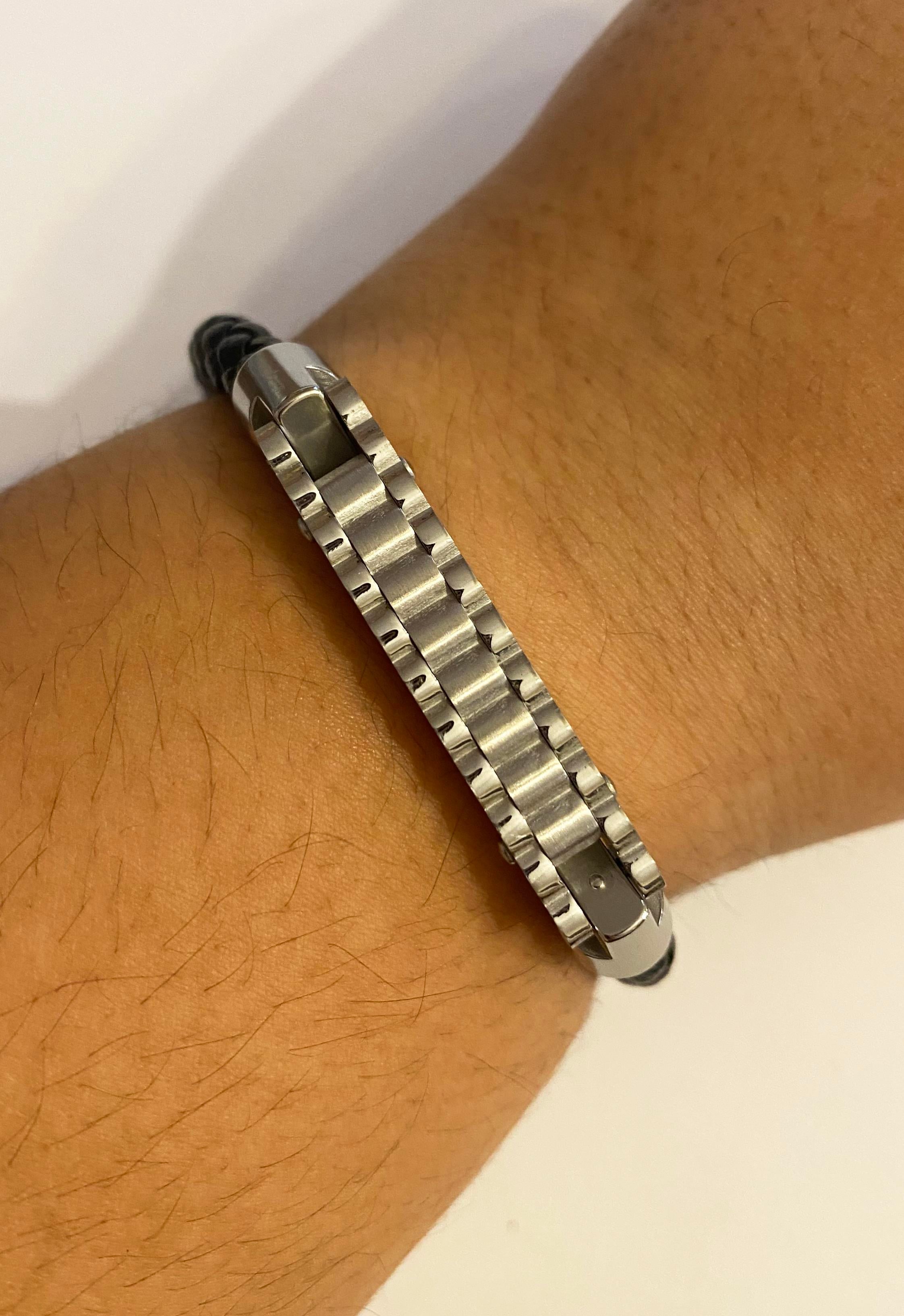 Erkek Dalgalı Silver Renk Çelik Plaka Detay Deri Bileklik