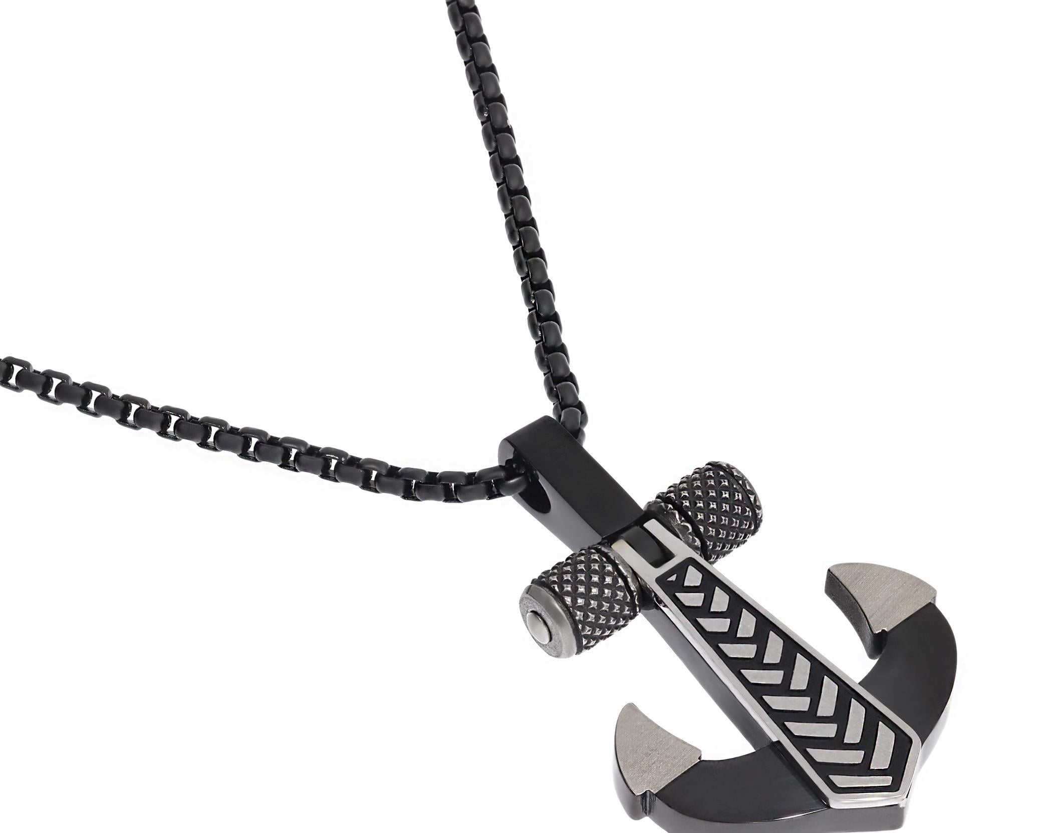 Erkek Desenli Çapa Model Sİyah Renk Detay Çelik Kolye 