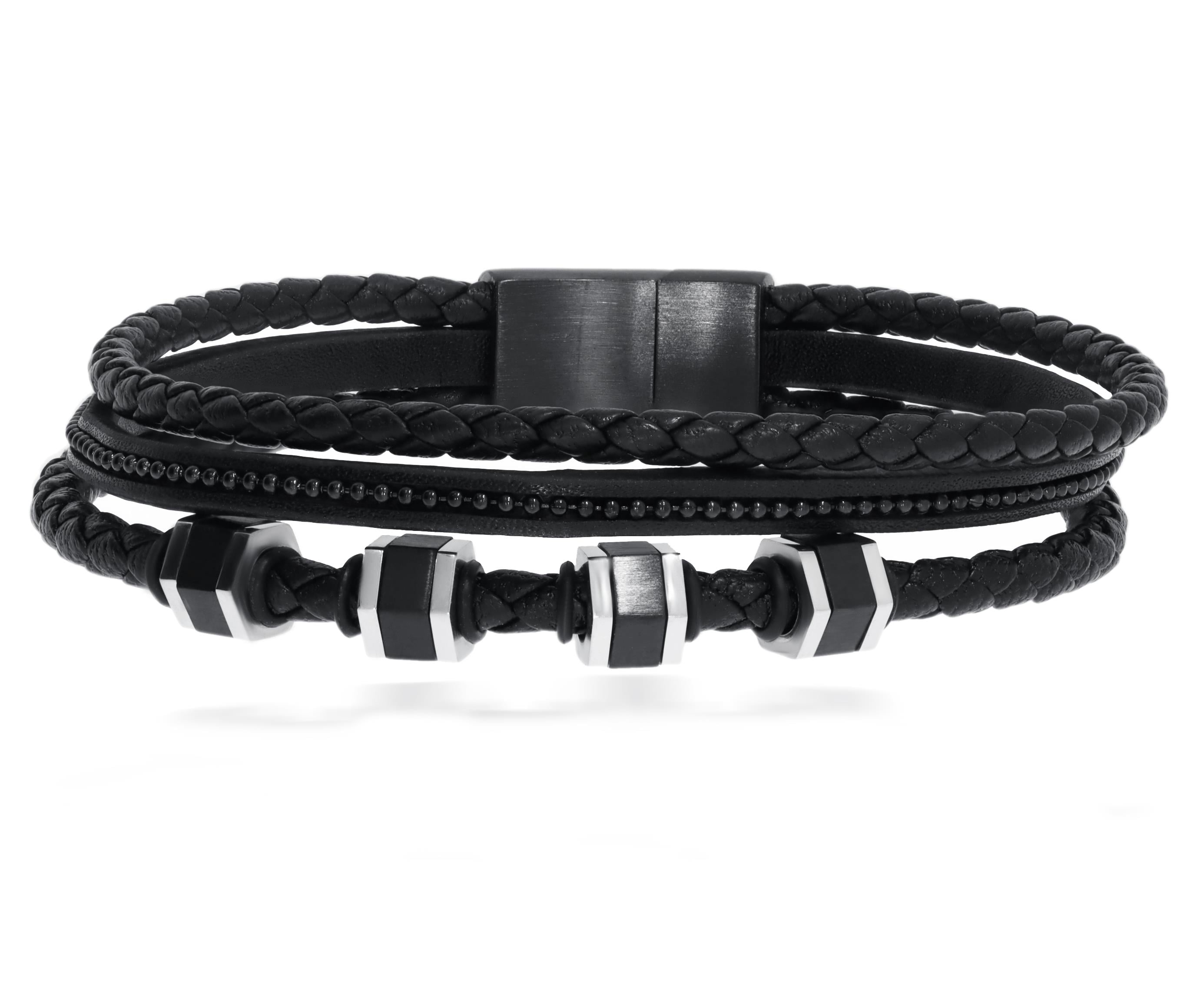 Erkek Dört Çelik Altıgen Şekilli Deri Bileklik