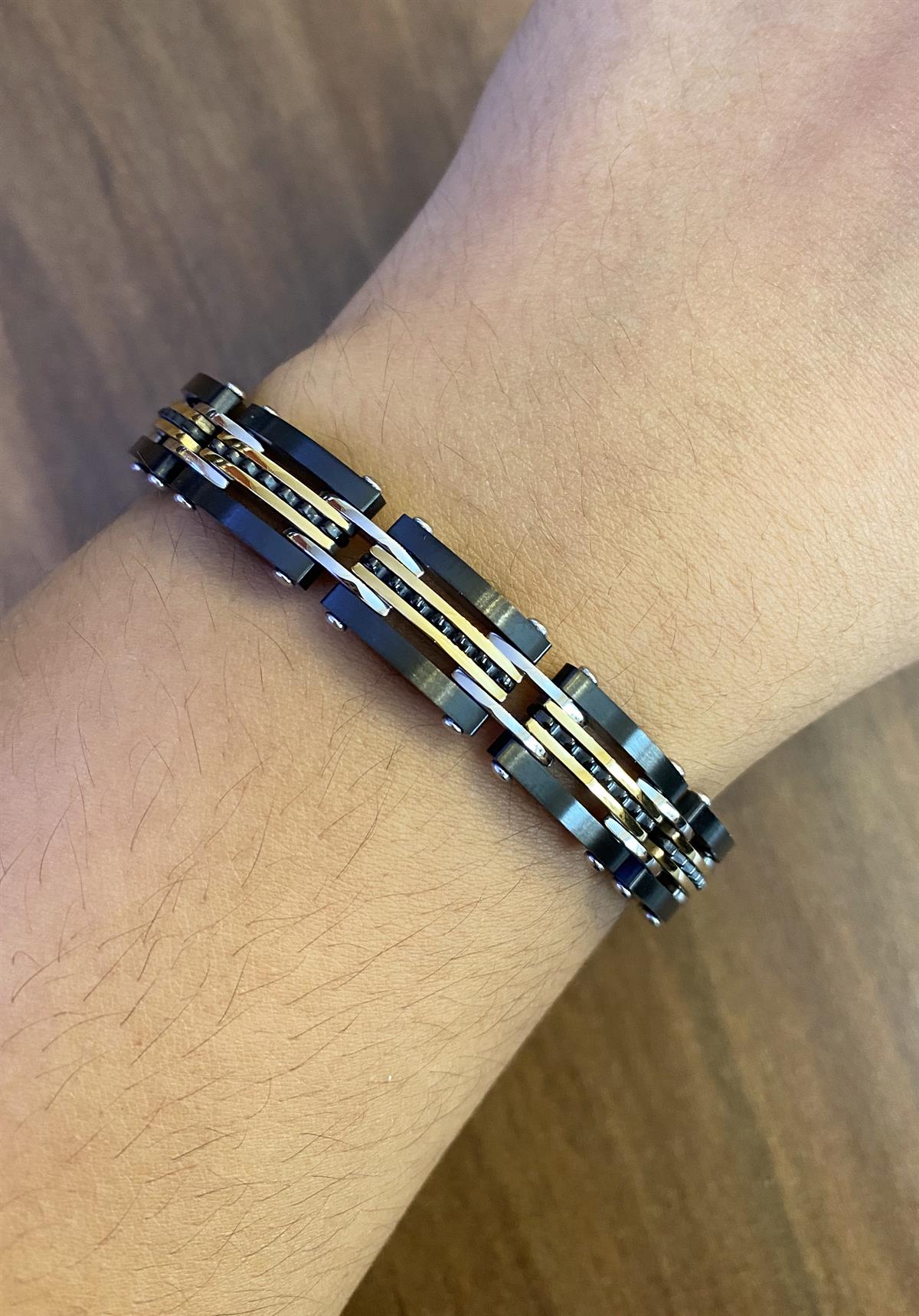 Erkek Gold Detay Çift Taraflı Çelik Bileklik 