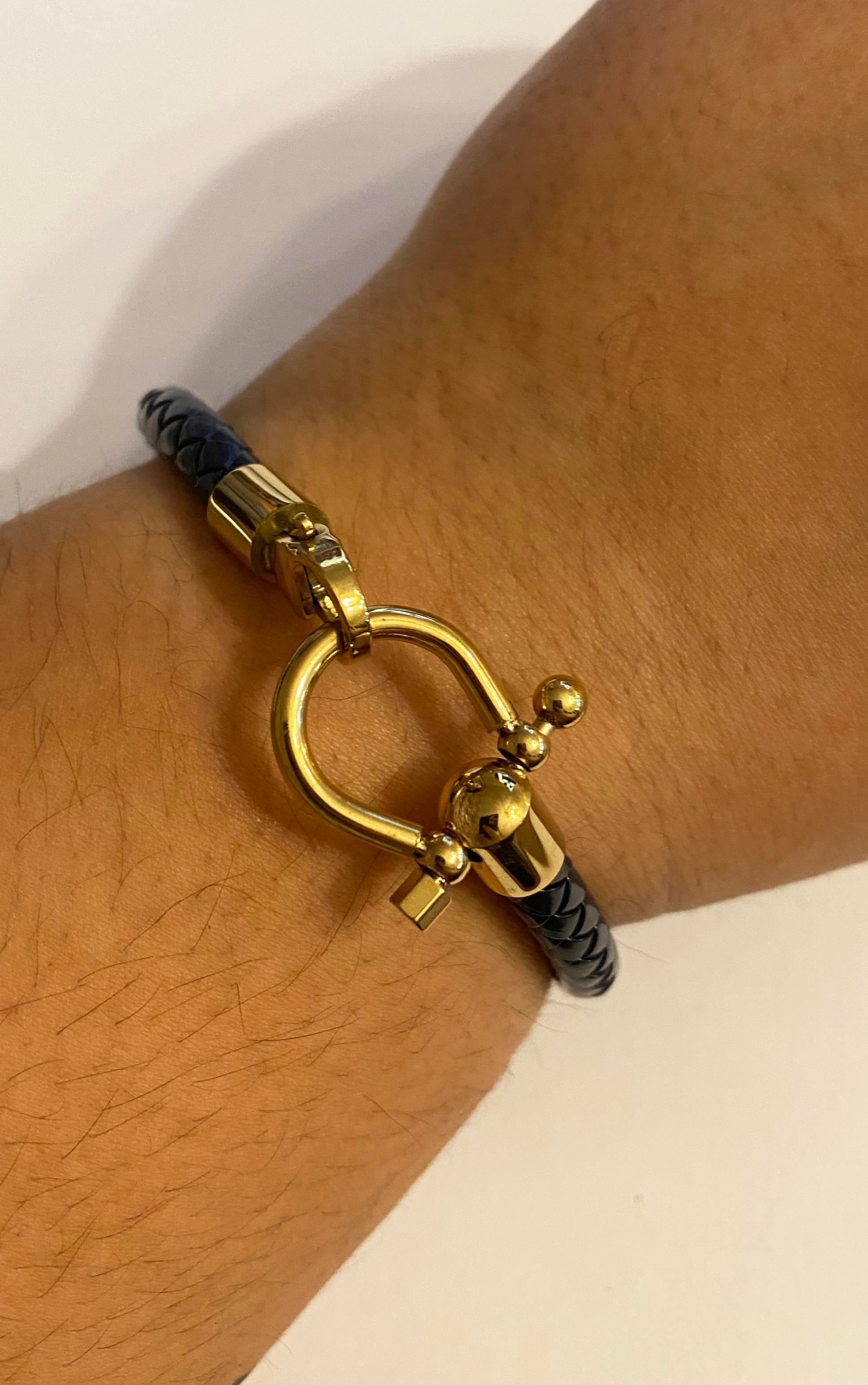 Erkek Gold Renk Çelik Detay Örgü Model Deri Bileklik