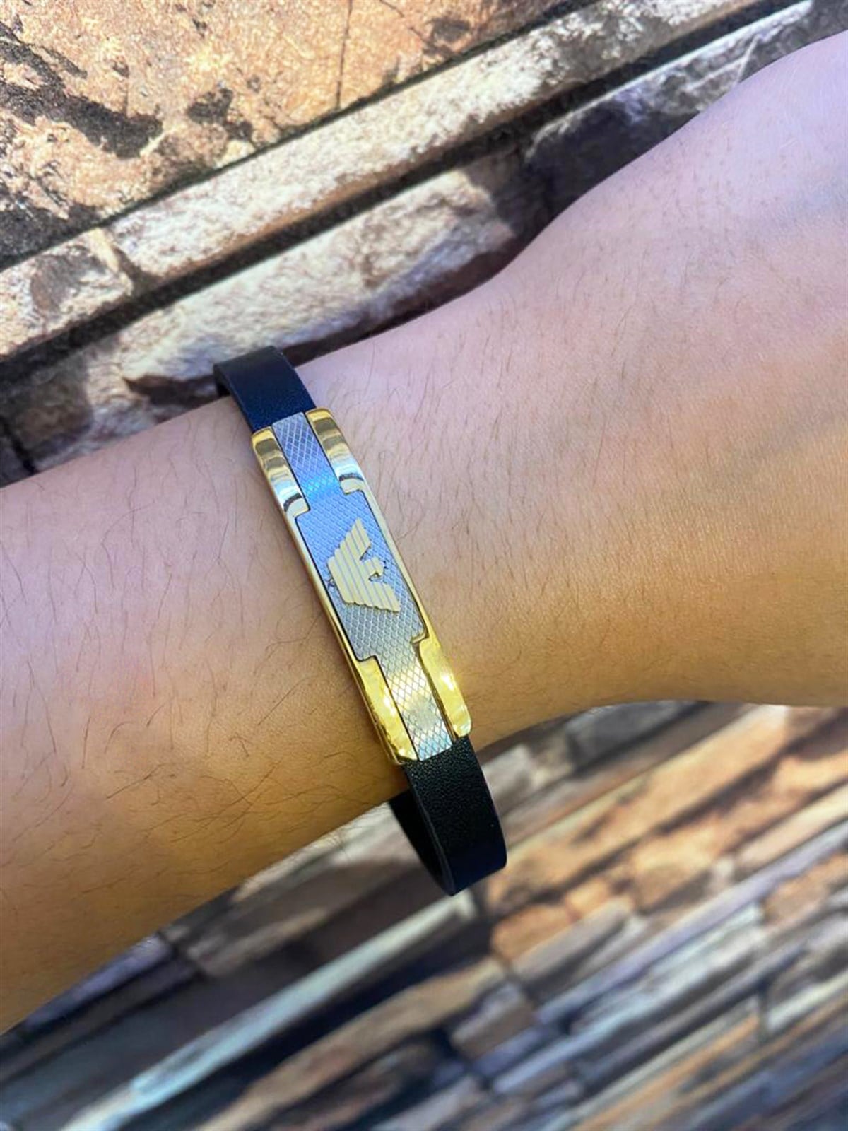 Erkek Gold Renk Detay Deri Bileklik