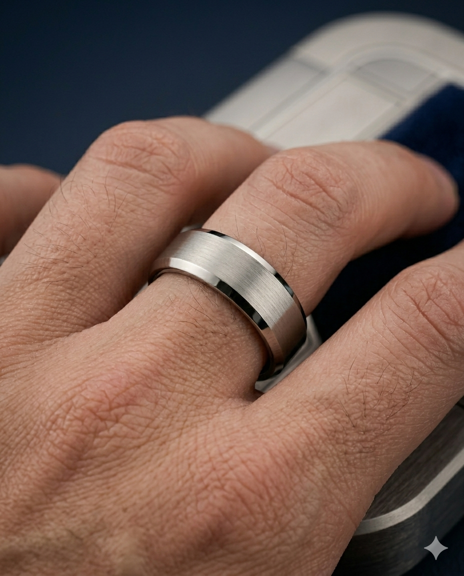 Erkek Gümüş Renk Detay 6 mm Tungsten Yüzük