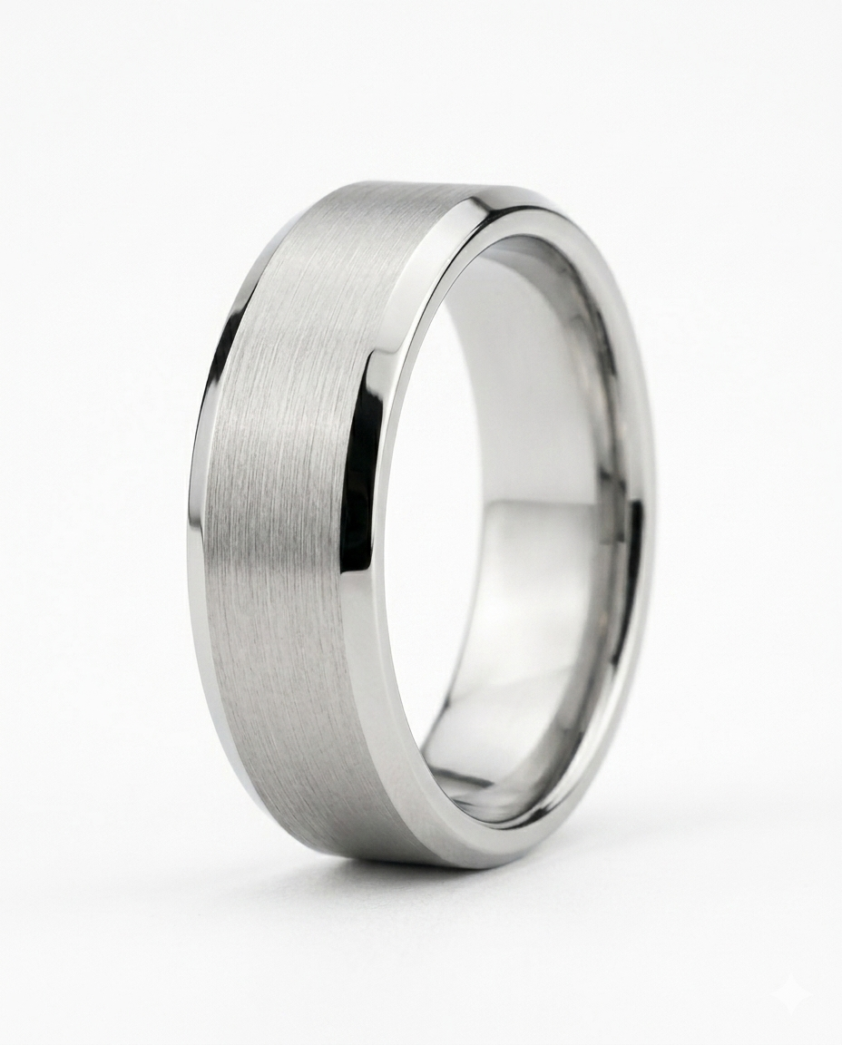Erkek Gümüş Renk Detay 6 mm Tungsten Yüzük