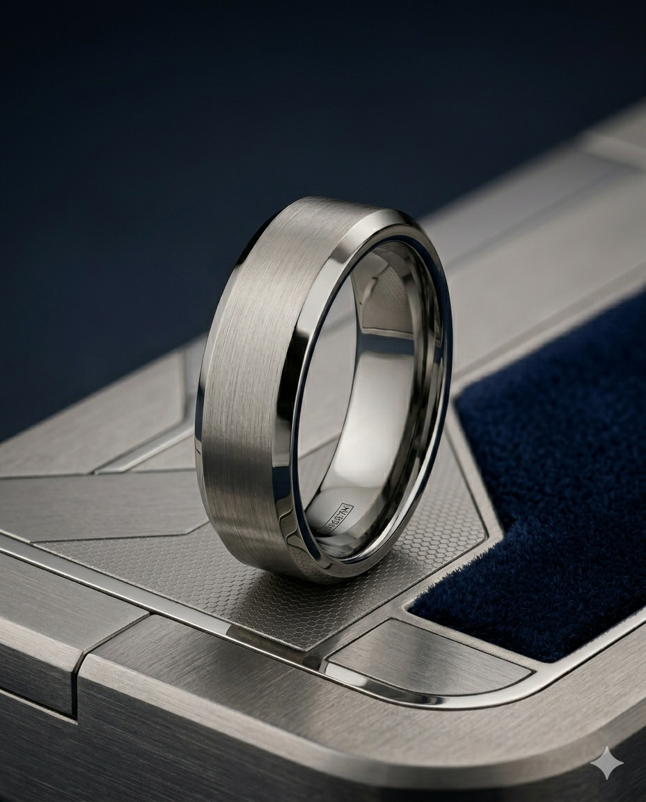 Erkek Gümüş Renk Detay 6 mm Tungsten Yüzük