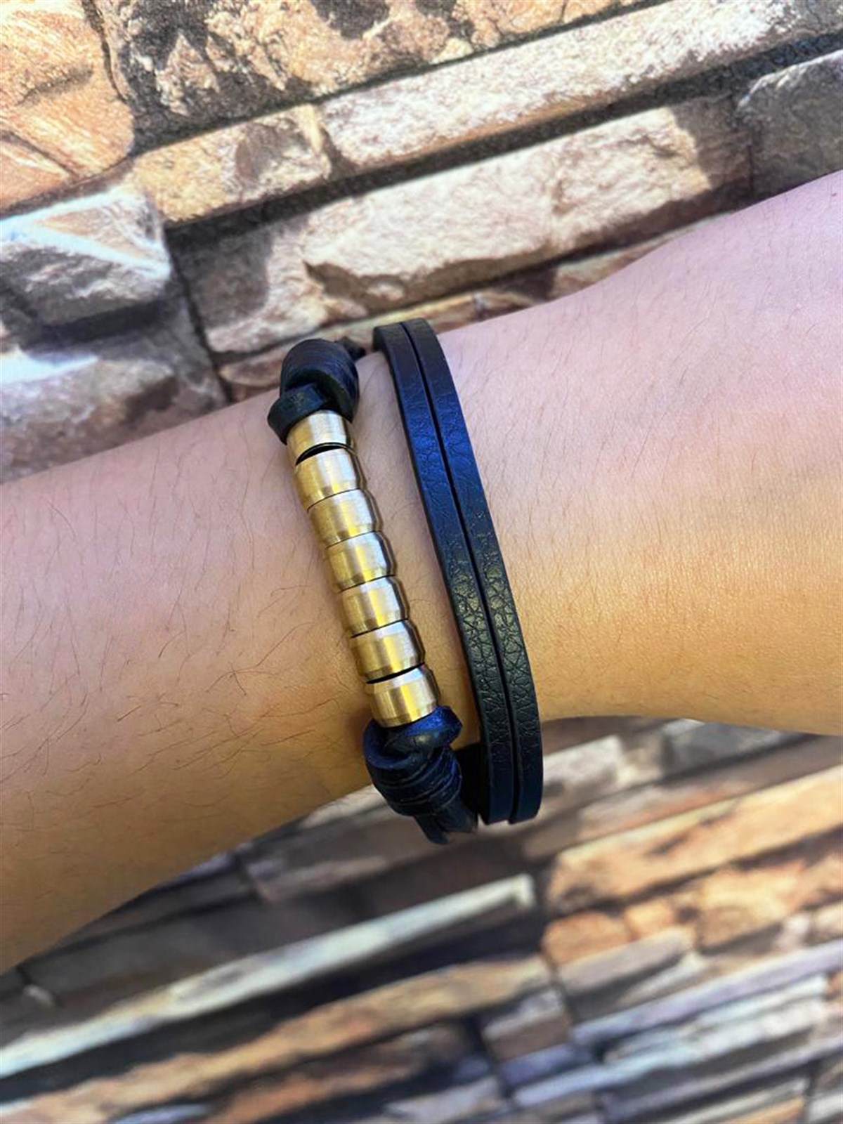 Erkek Kalın Gold Renk Çelik Detay Deri Bileklik