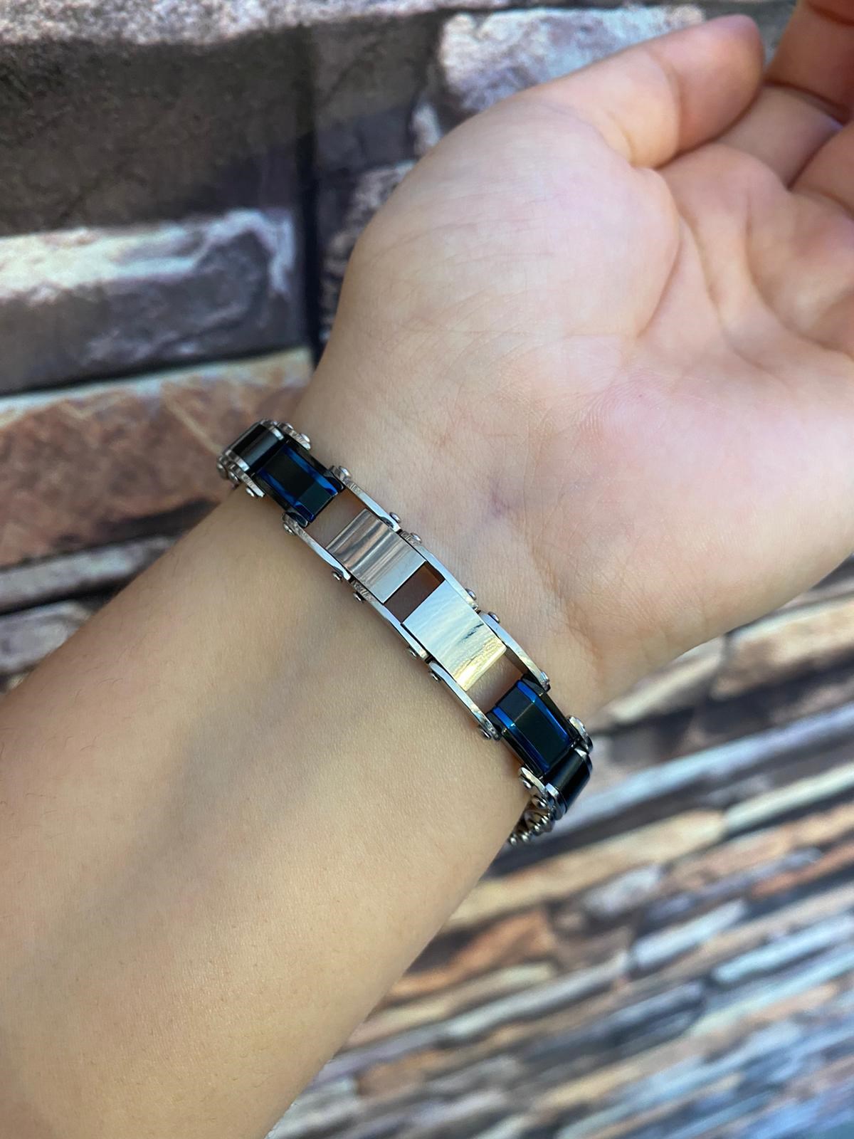 Erkek Mavi Renk Detay Çift Taraflı Çelik Bileklik