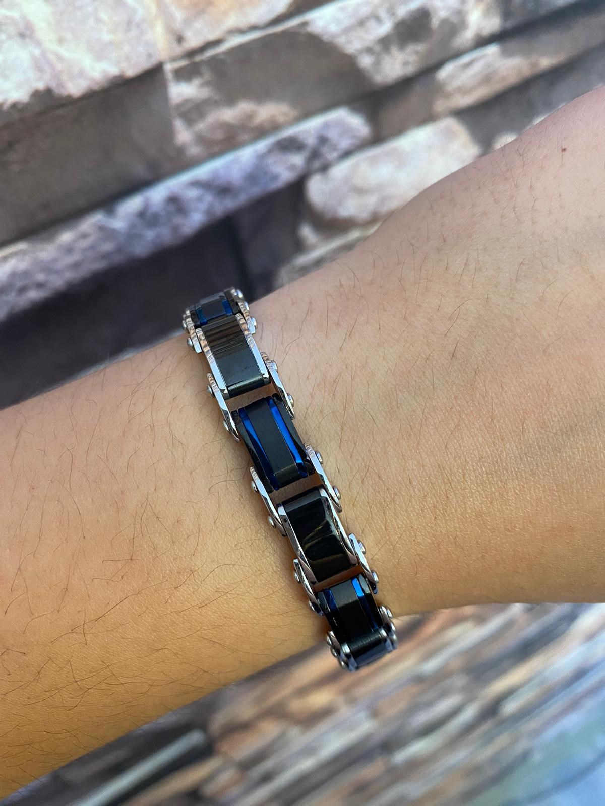 Erkek Mavi Renk Detay Çift Taraflı Çelik Bileklik