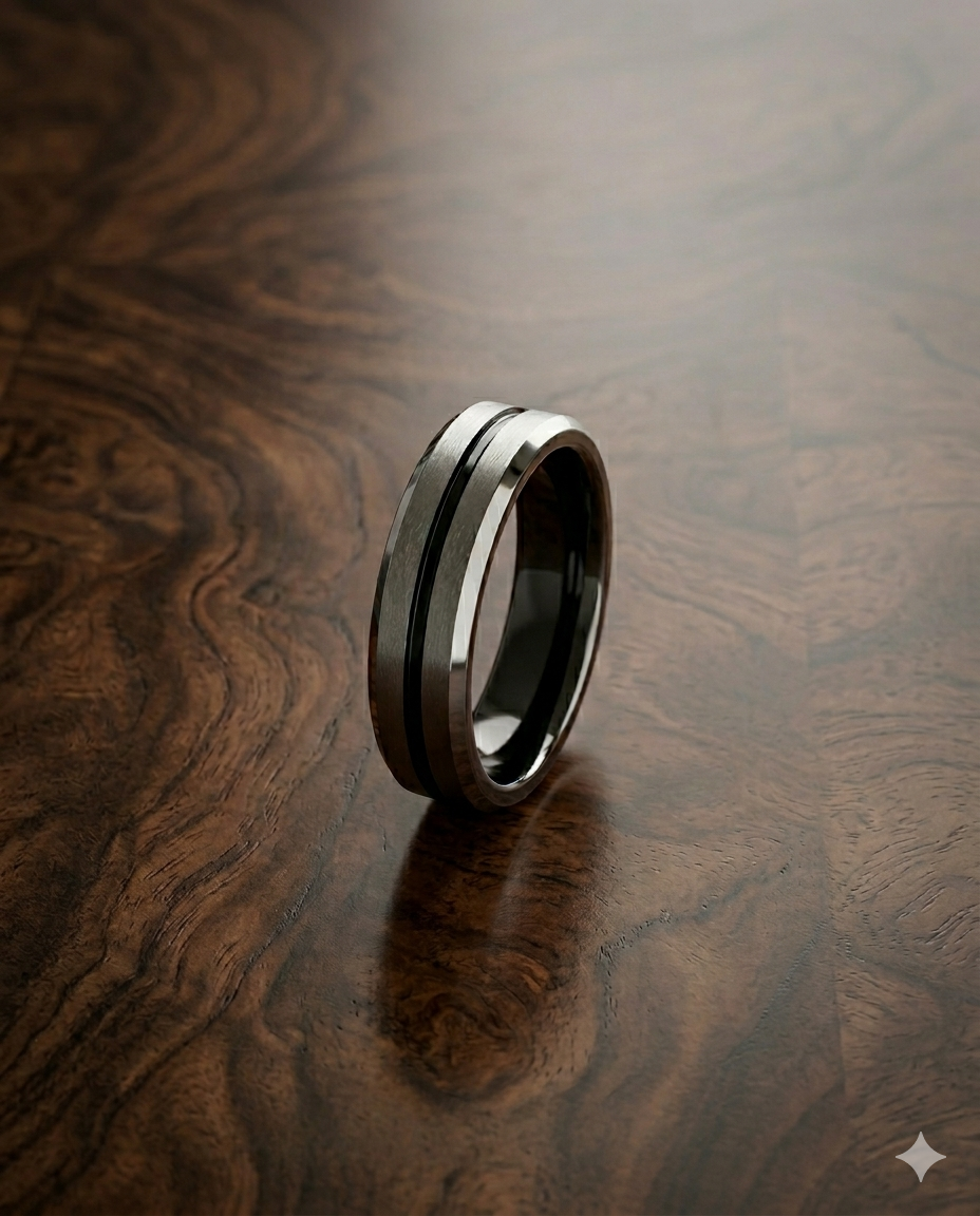 Erkek Siyah Çizgi Detay Gümüş Renk 6 mm Tungsten Yüzük  