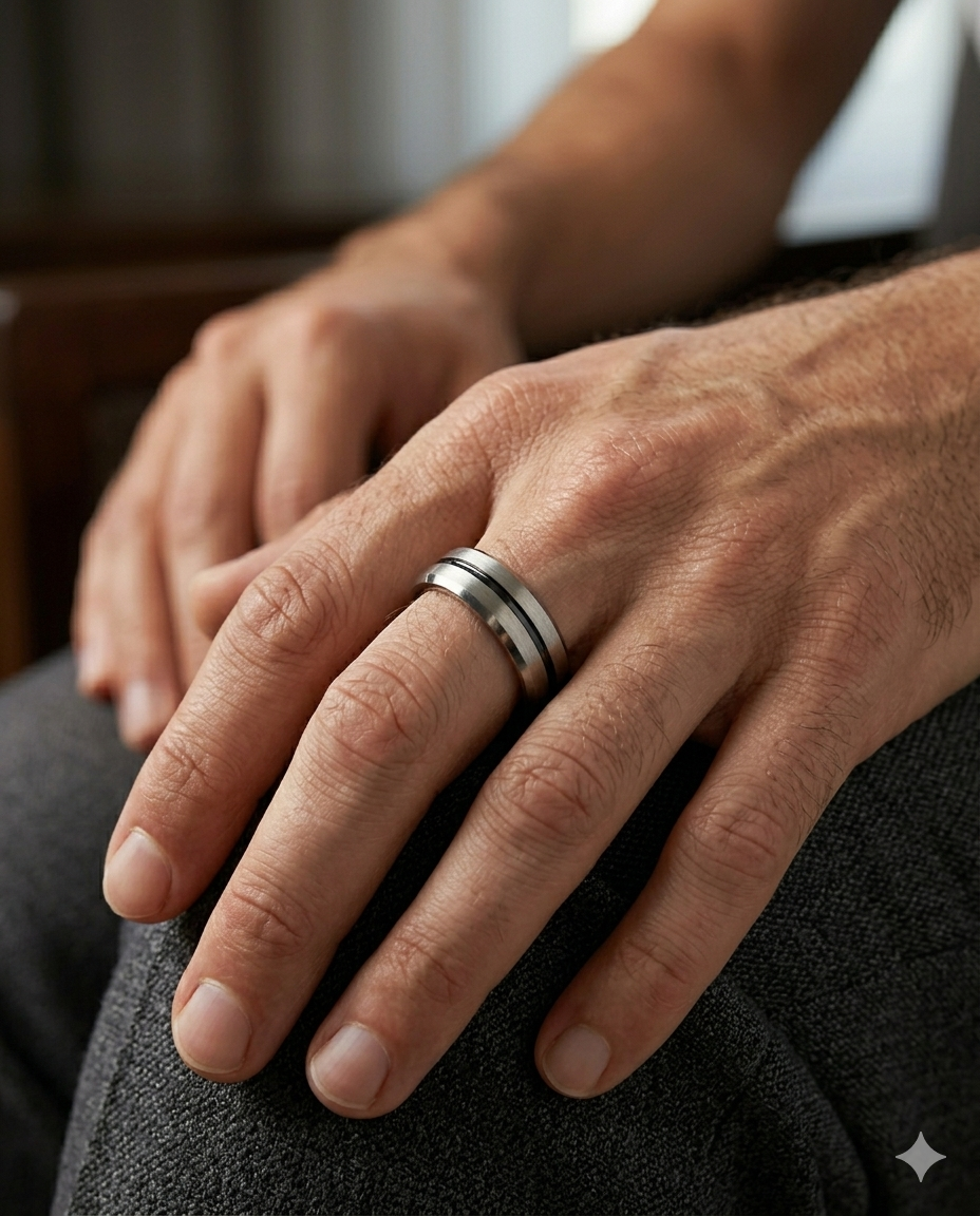 Erkek Siyah Çizgi Detay Gümüş Renk 6 mm Tungsten Yüzük  