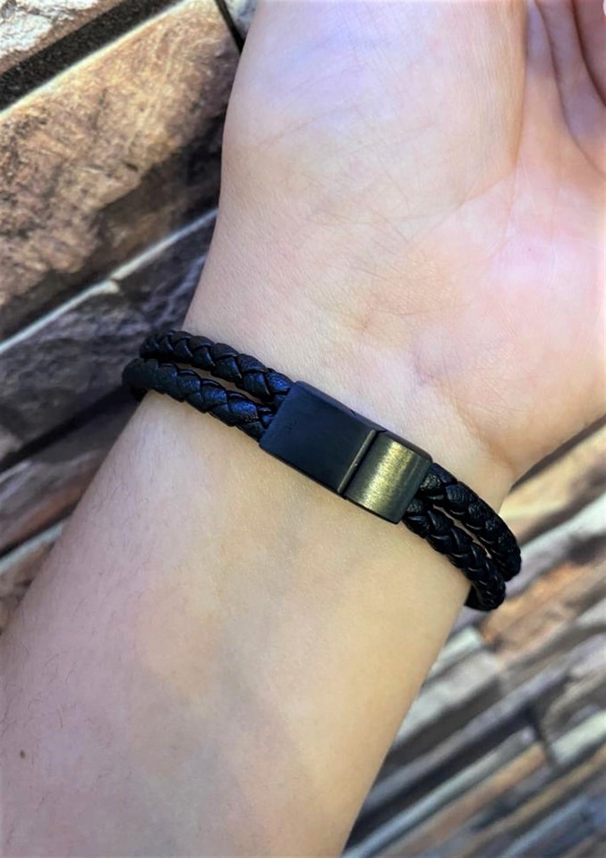 Erkek Siyah Renk Örgü Model Deri Bileklik