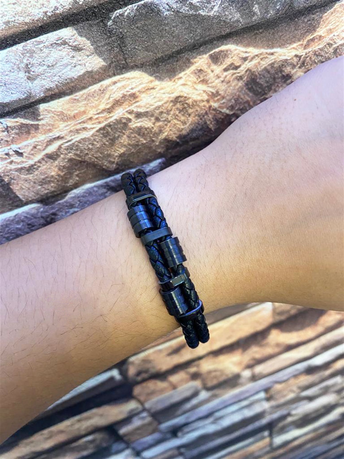 Erkek Siyah Renk Örgü Model Deri Bileklik