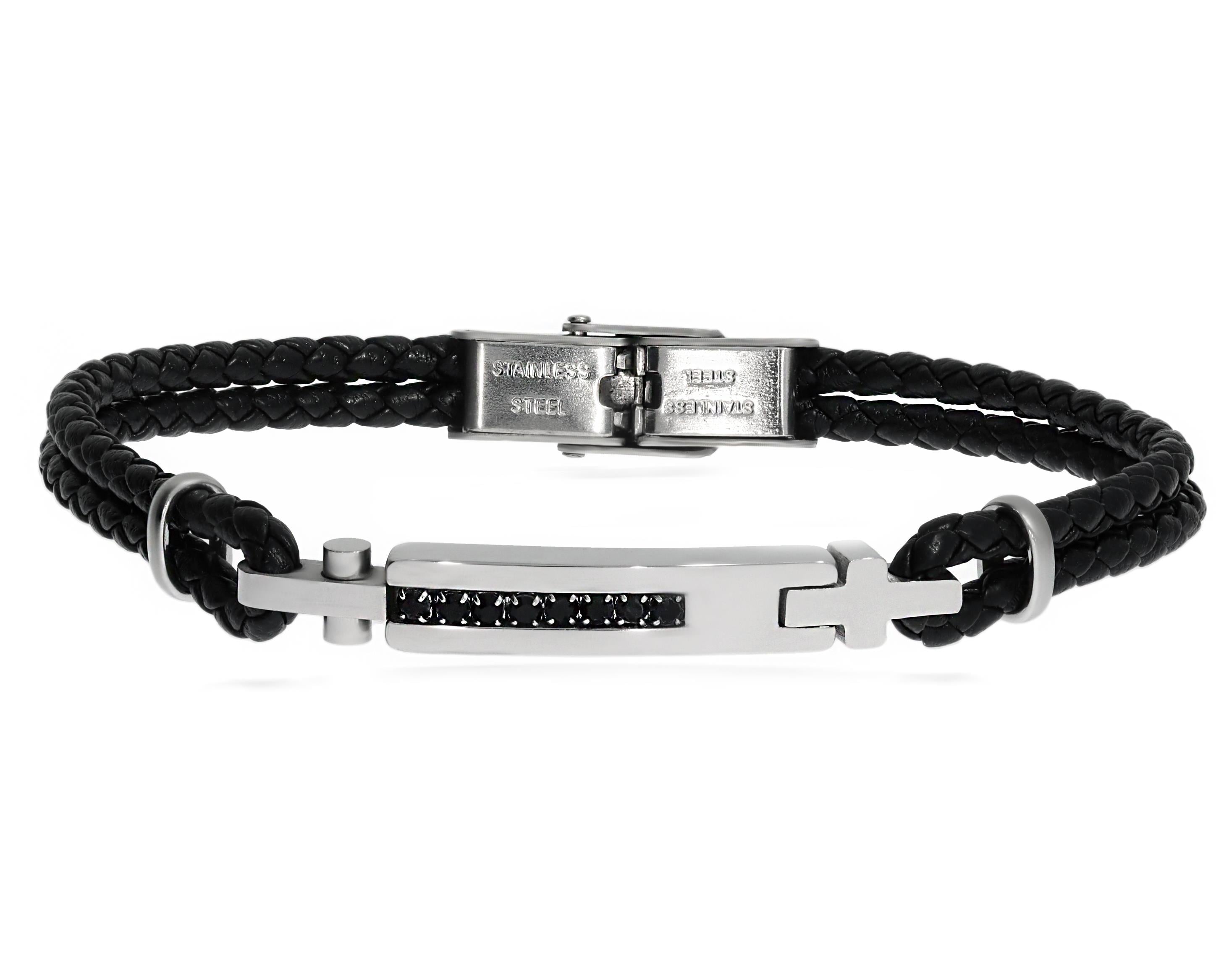Erkek Siyah Taş Detay Silver Plaka Model Deri Bileklik