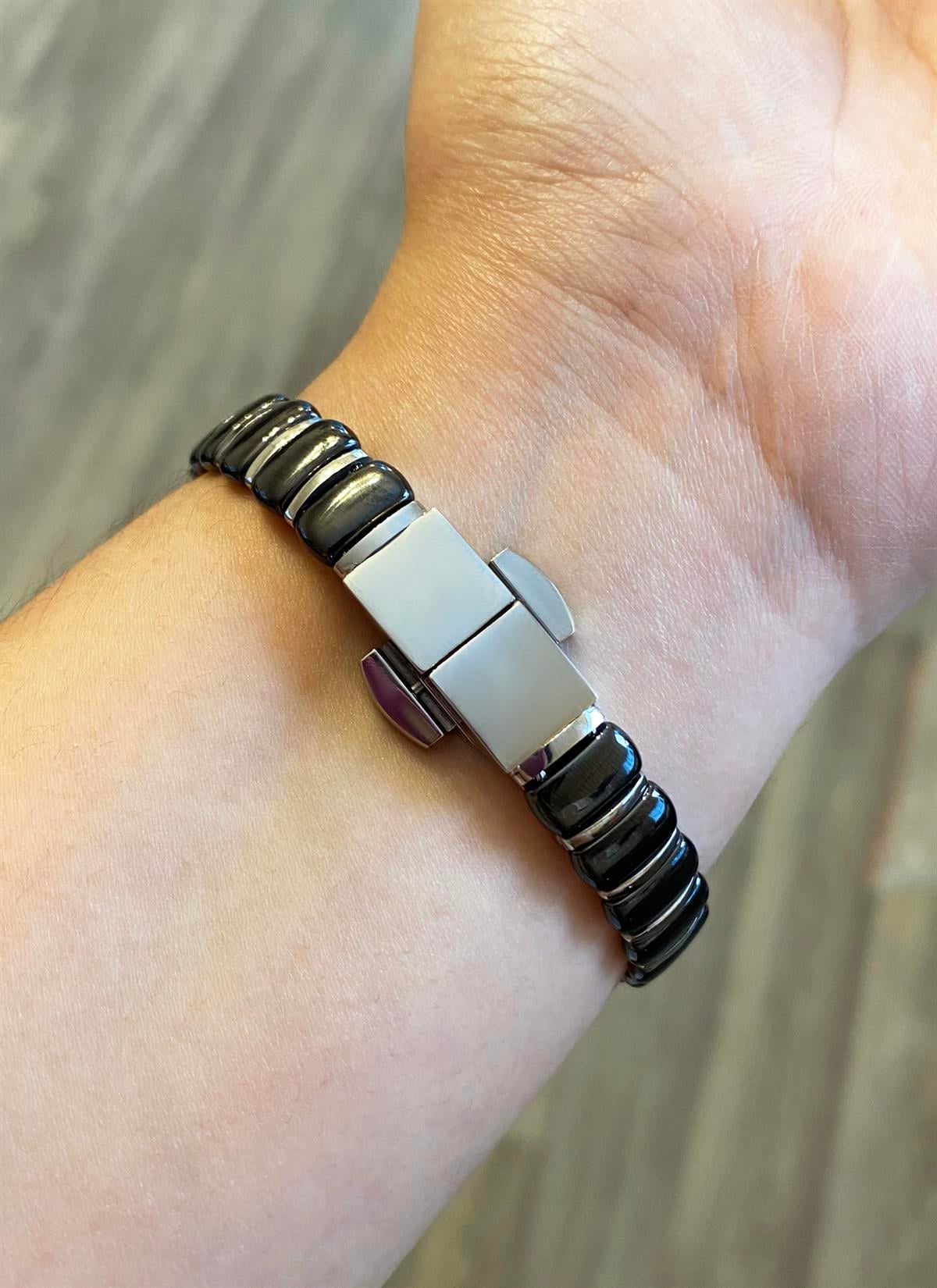 Erkek Siyah Yumuşak Kenarlı Dikdörtgen Seramik Taşlı Bileklik