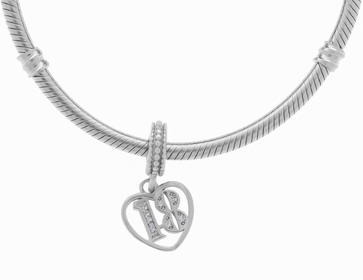 Kadın 18 Yazılı Taşlı Gümüş Charm
