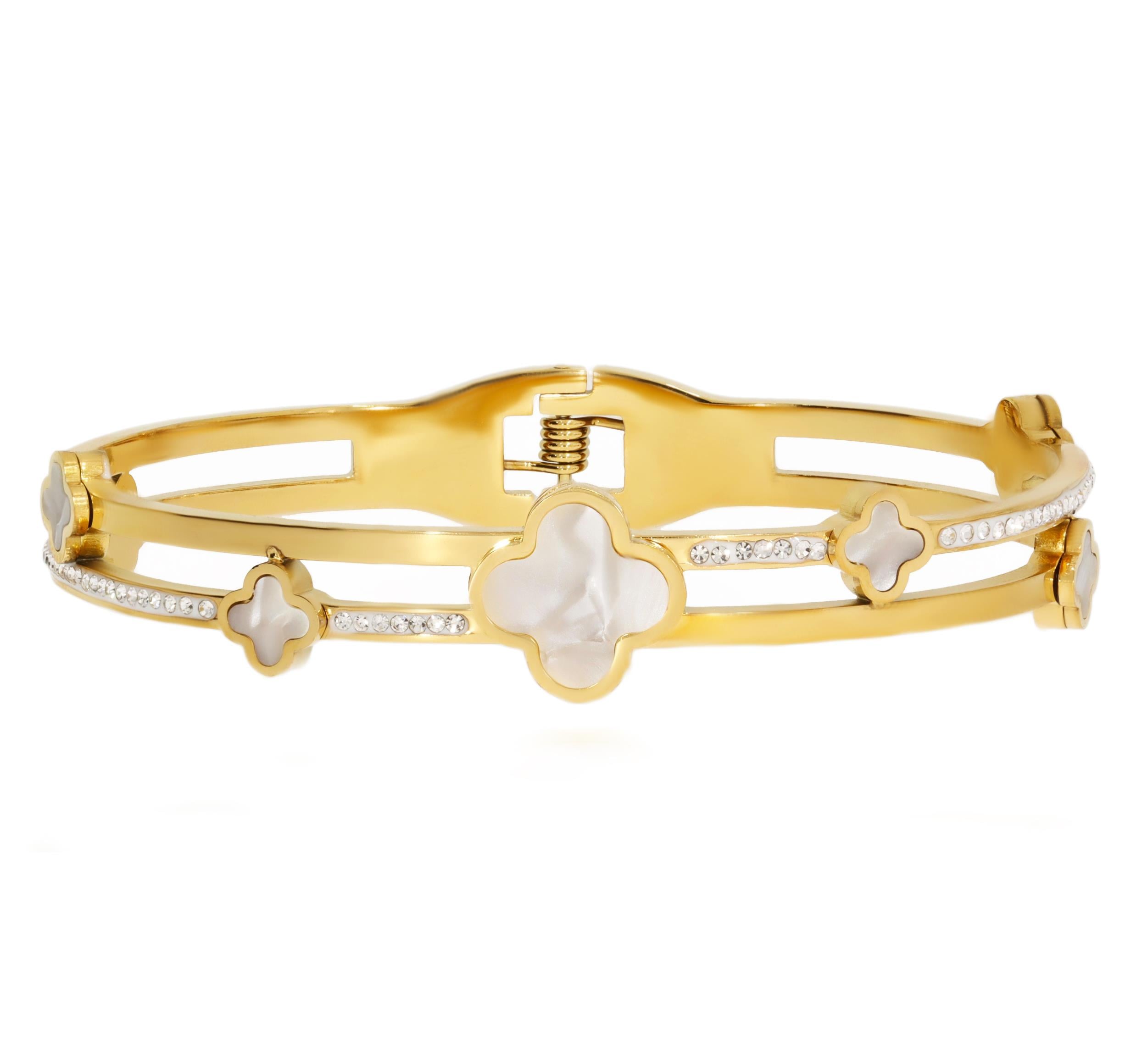 Kadın Beyaz Yonca ve Taş Model Çelik Bilezik