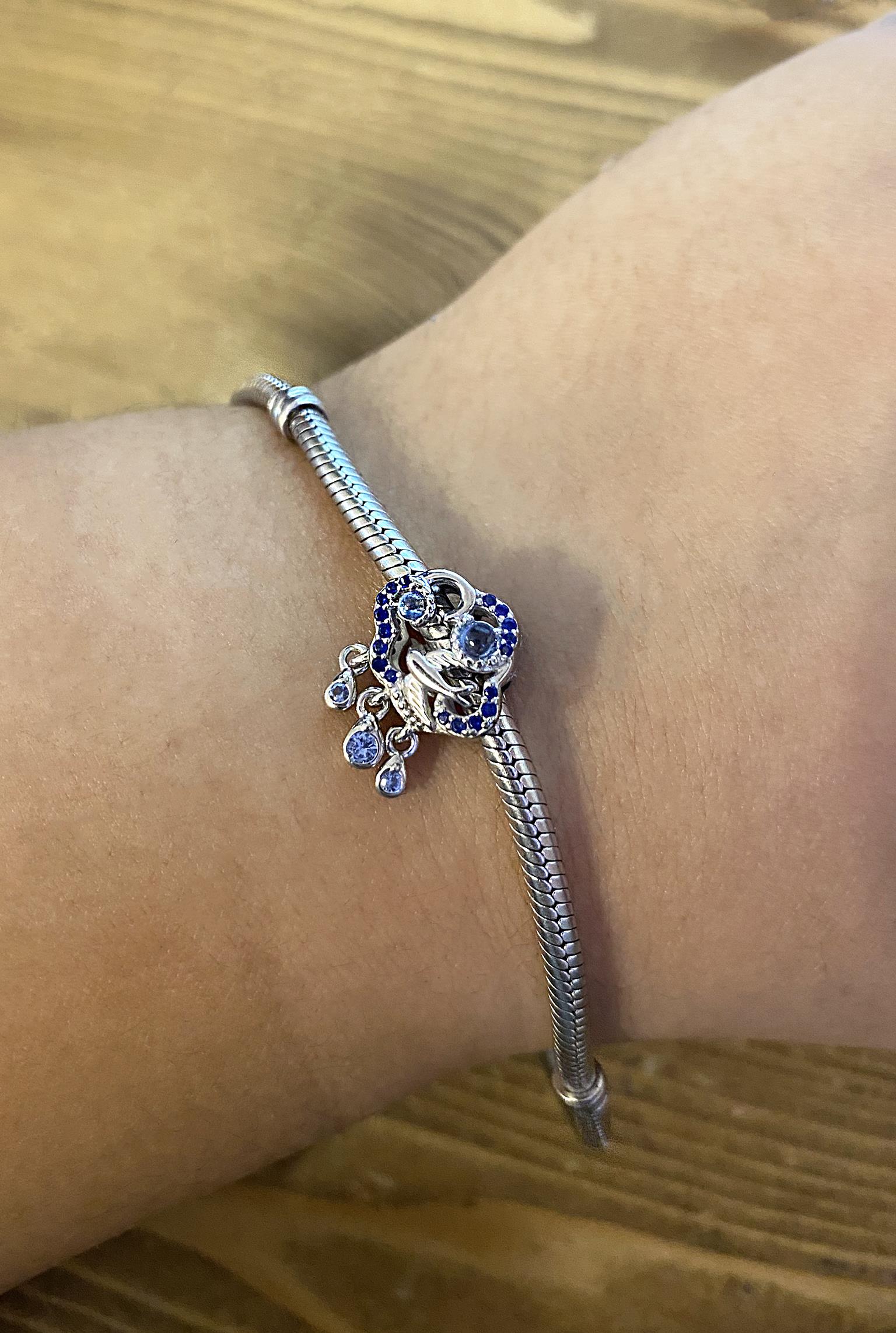 Kadın Bulut Model Kuş Detay Mavi Taşlı Gümüş Charm