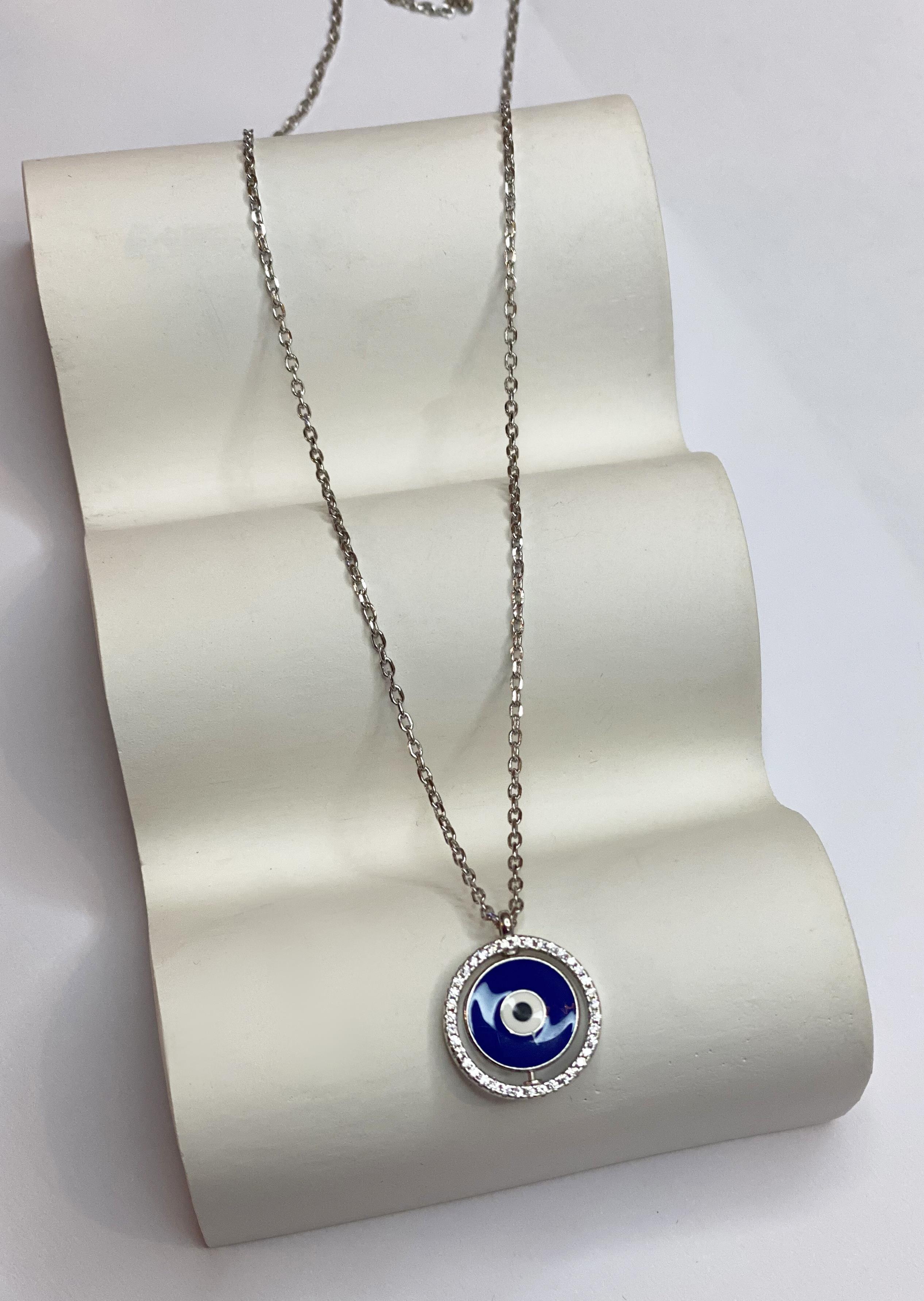 Kadın Çift Taraflı İki Renk Nazar Boncuğu Model Gümüş Kolye