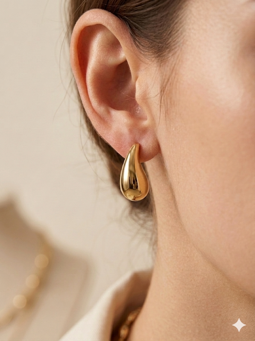 Kadın Damla Model Asimetrik Gold Renk Çelik Küpe 