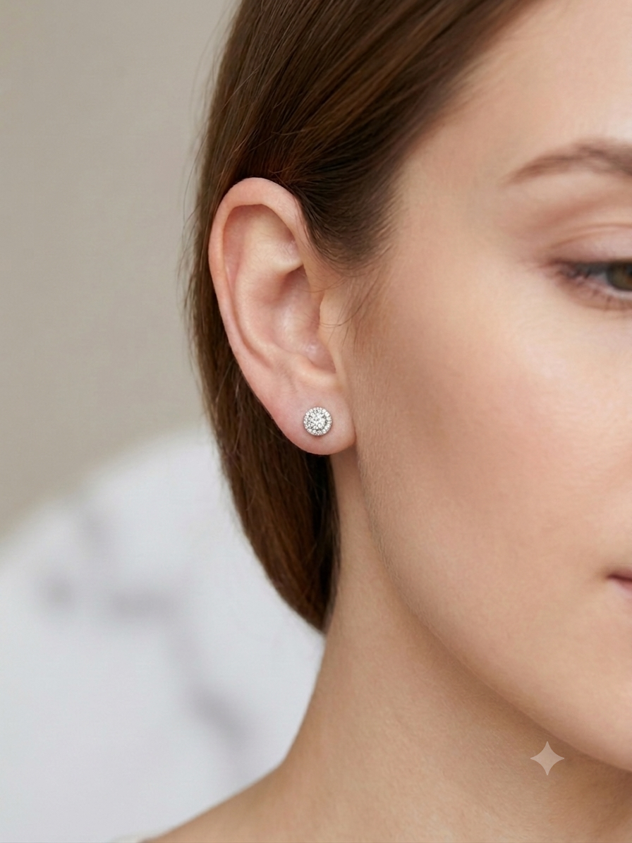 Kadın Etrafı Taşlarla Çevrili Moissanite Taşlı Gümüş Küpe