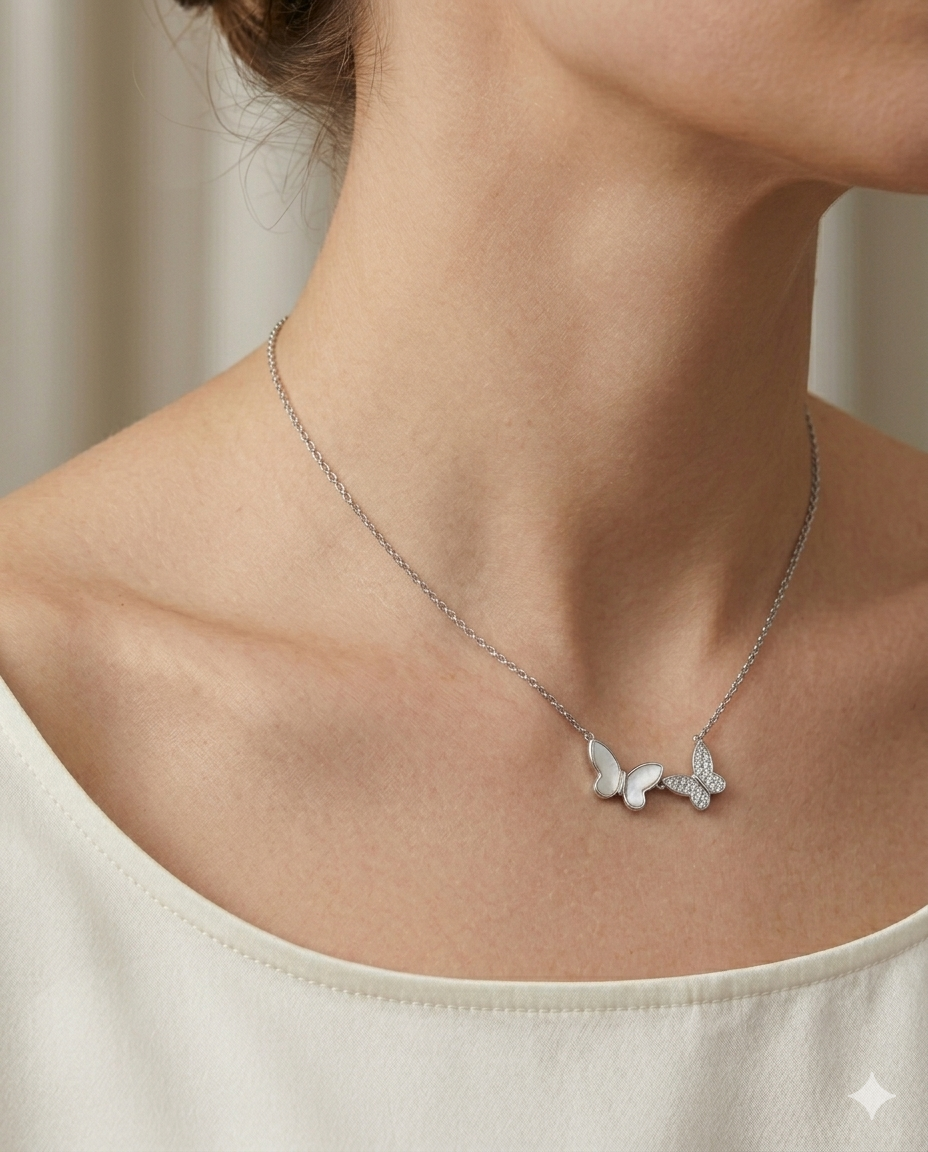 Kadın İkili Kelebek Model Taşlı Sedef Detay Gümüş Kolye 