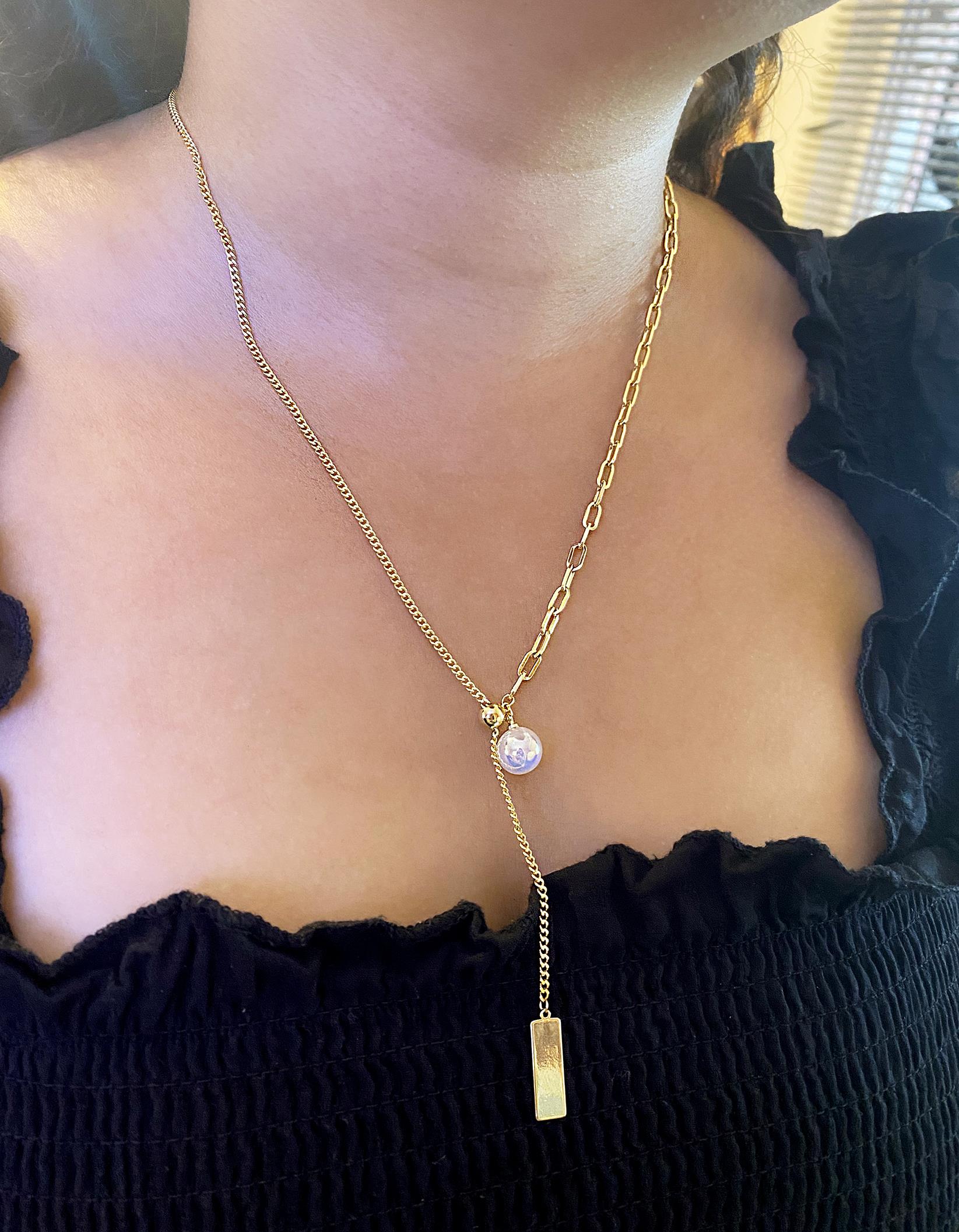 Kadın İnci Detay Gold Renk Ayarlanabilir Çelik Kolye