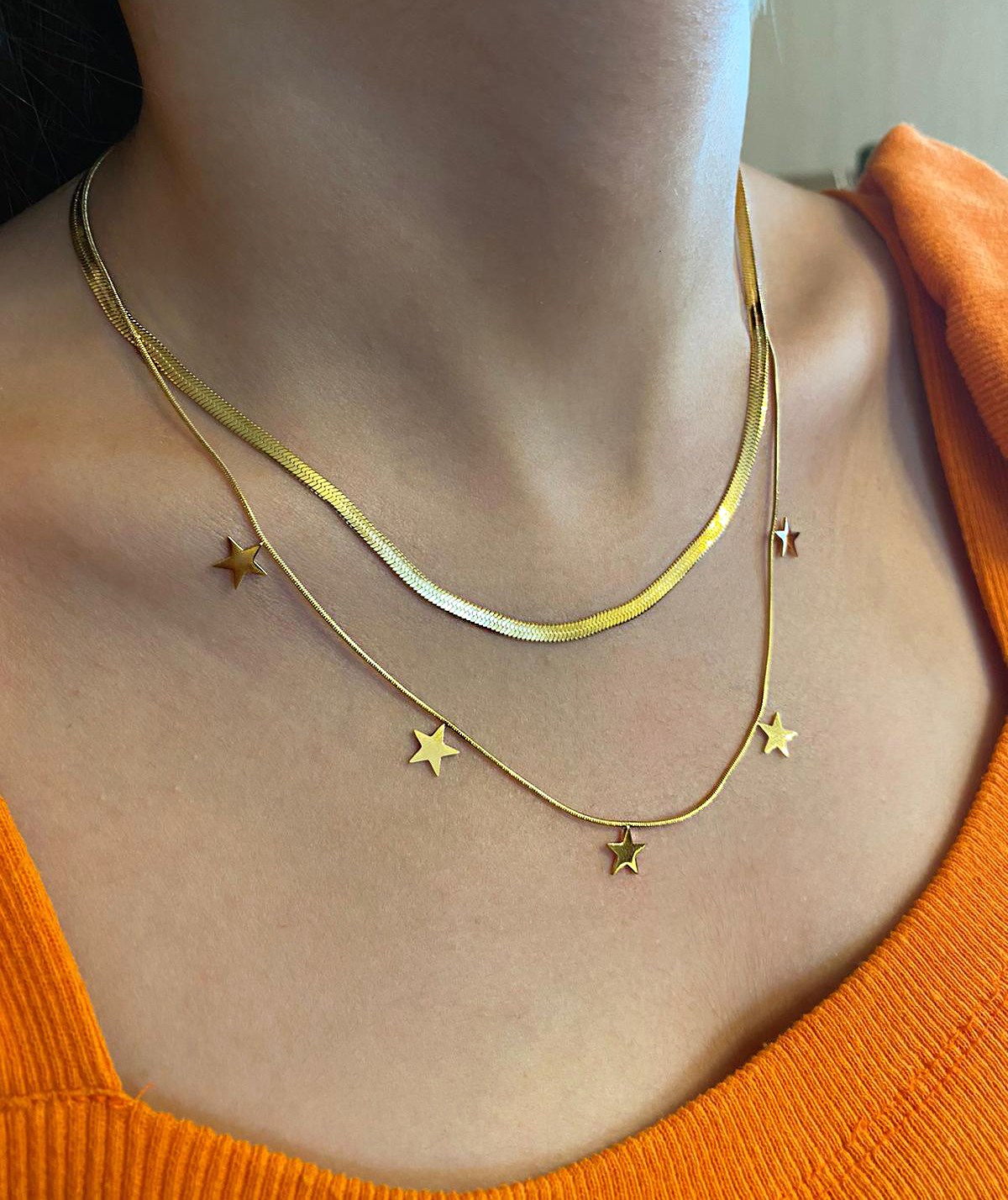 Kadın İtalyan Ezme Model Yıldız Detay İkili Şık Çelik Kolye