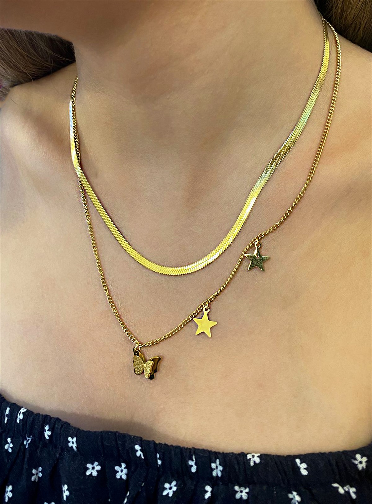 Kadın İtalyan Ezme ve Kelebek Model İkili Çelik Kolye