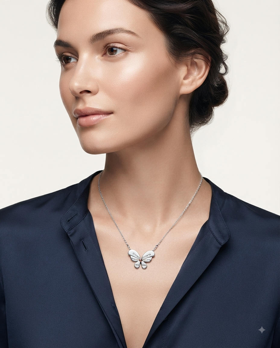 Kadın Kelebek Model Yazılı Gümüş Kolye