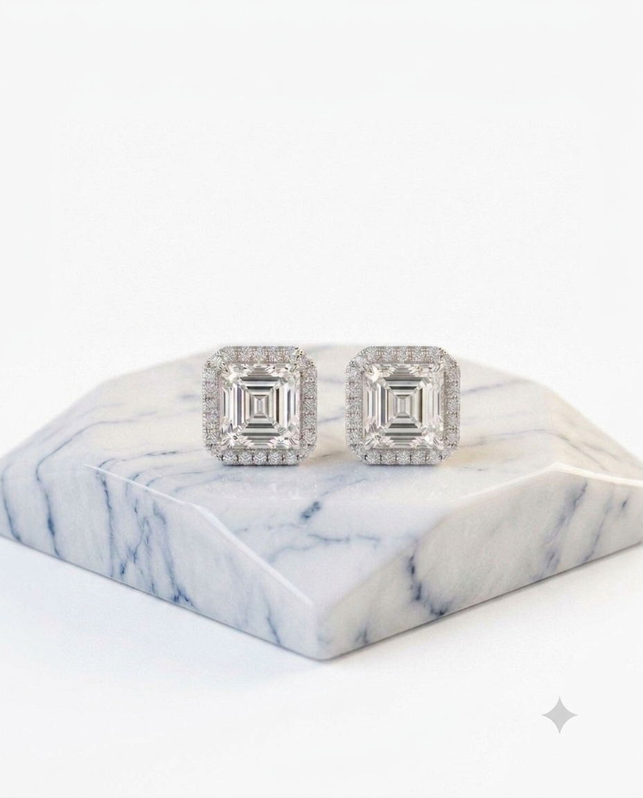 Kadın Moissanite Kare Taş ve Etrafı Sıralı Taş Detay Gümüş Küpe 