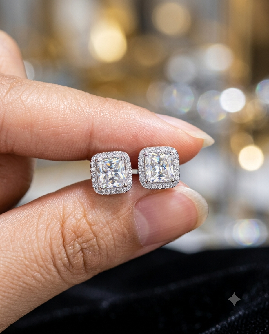 Kadın Moissanite Kare Tek Taş Model Etrafı Sıralı Taş Detay Gümüş Küpe 